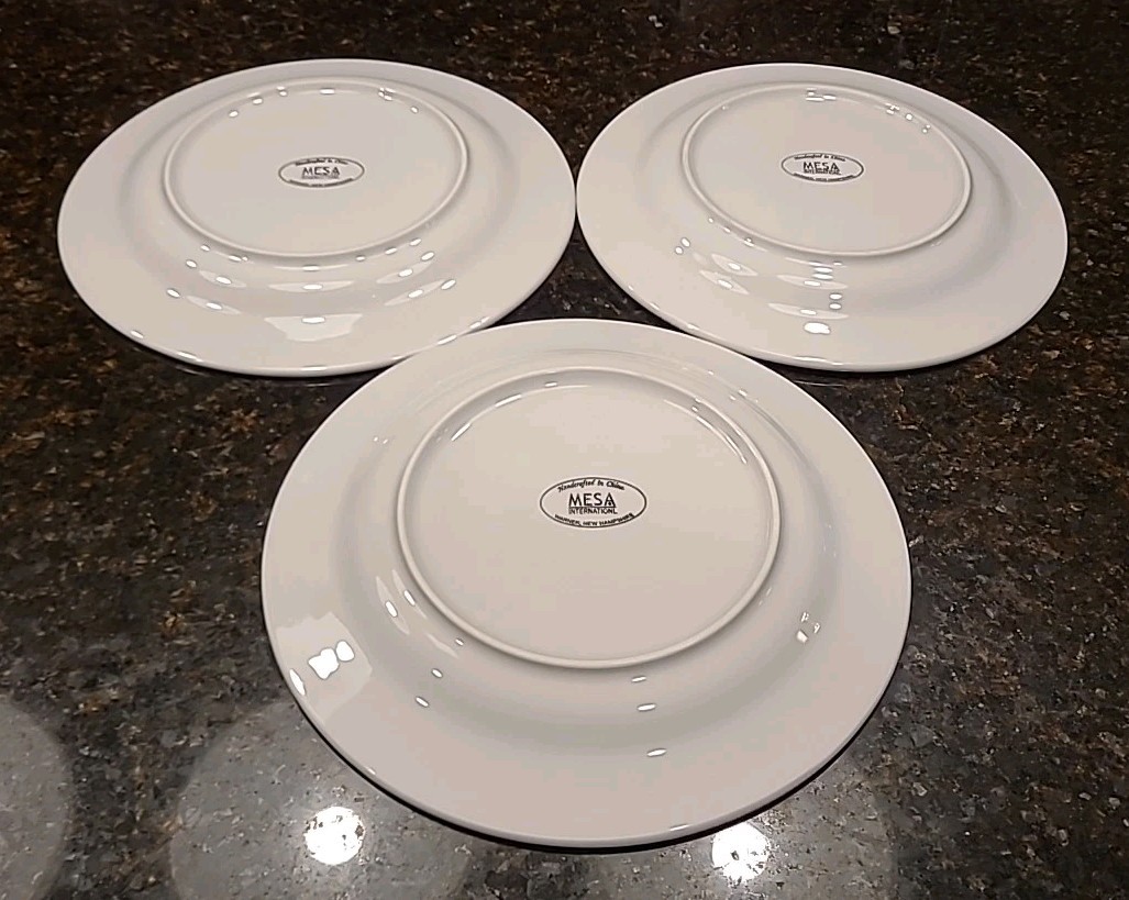 SET (3) Mesa International 11 7/8″ Dinner Plates. White Embossed Dots & Scrolls