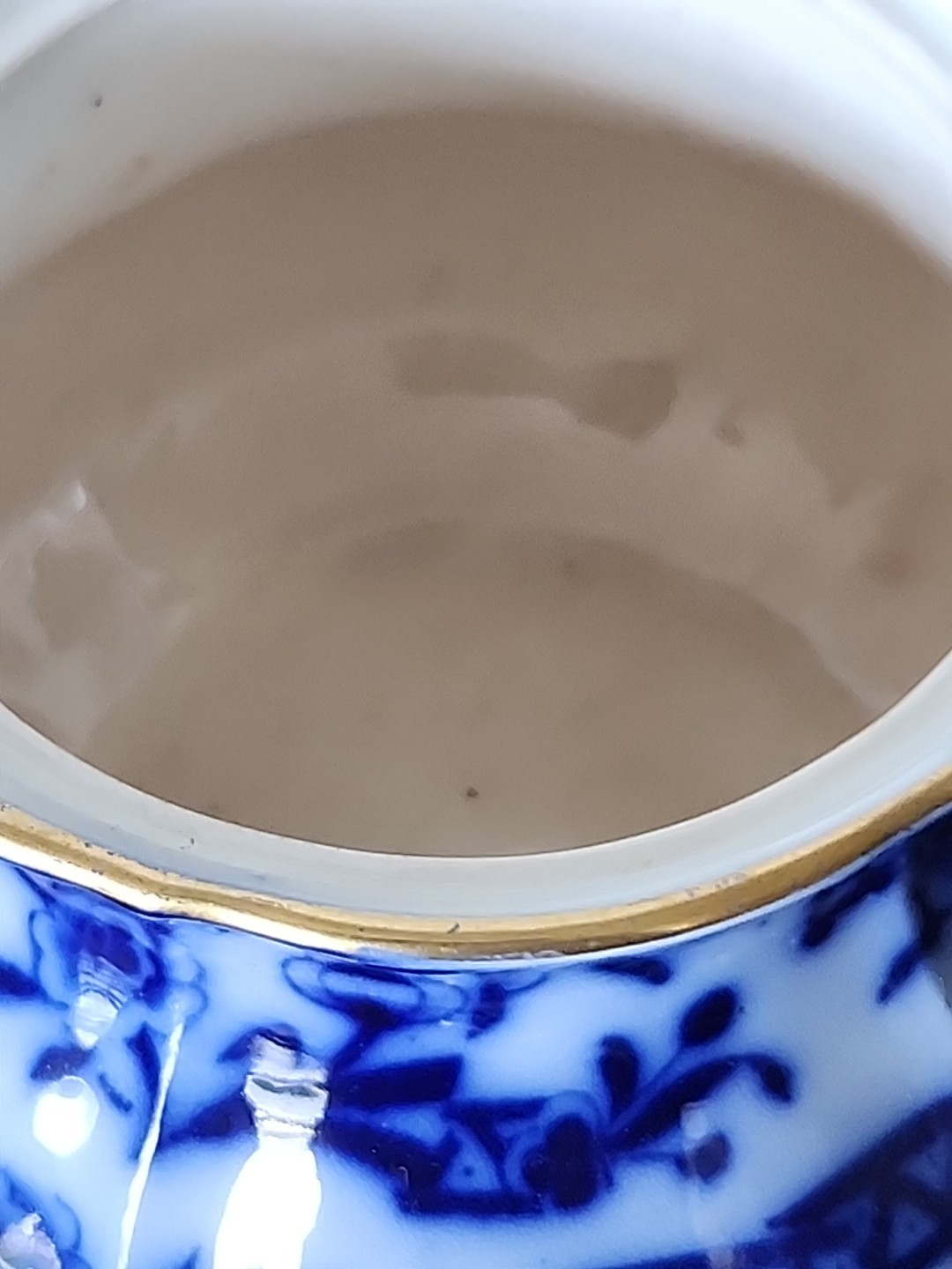 Rare Flow Blue Sugar Creamer And Bowl Trio Set Asian Motif Gold Band