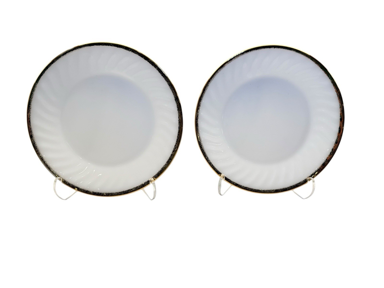 EXCELLENT Fire-King Golden Anniversary 9″ Dinner Plates Smooth Rim Gold Set of 2