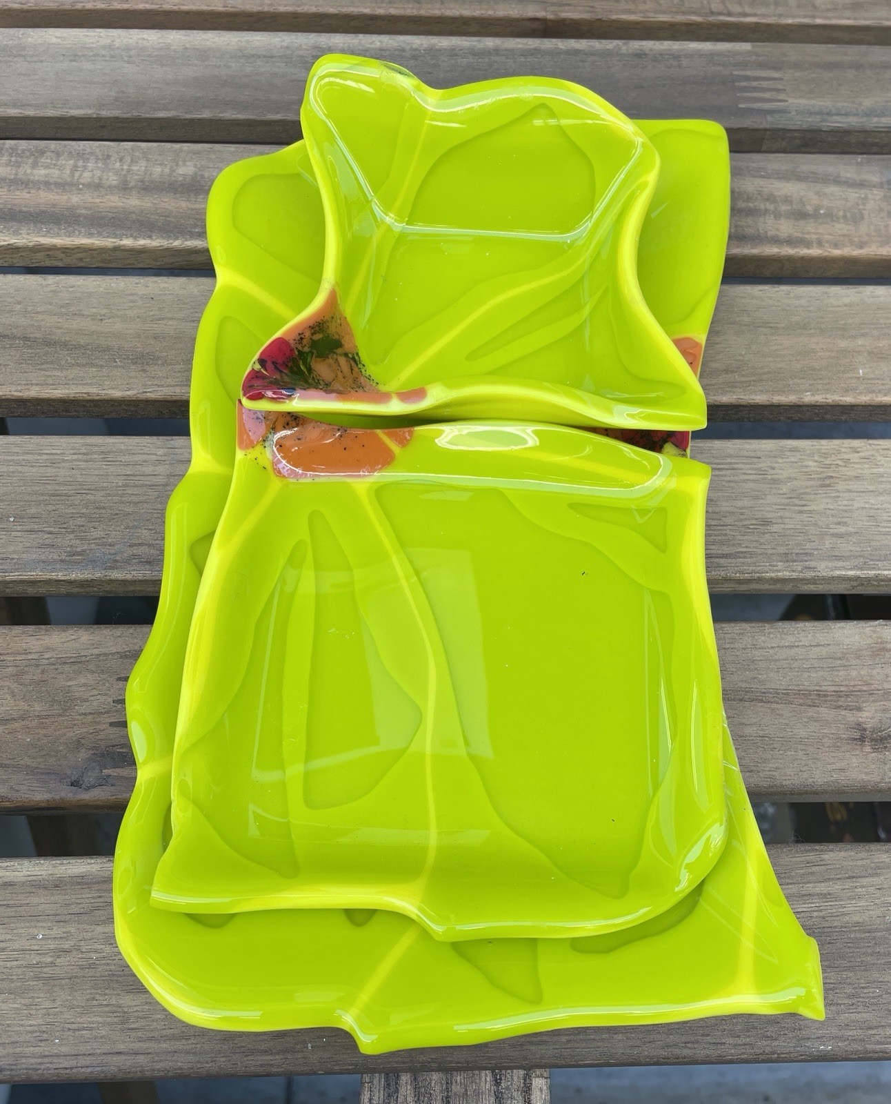 Fused Glass Platter Set – Chartreuse Orange and Red Accents – Signed by artist