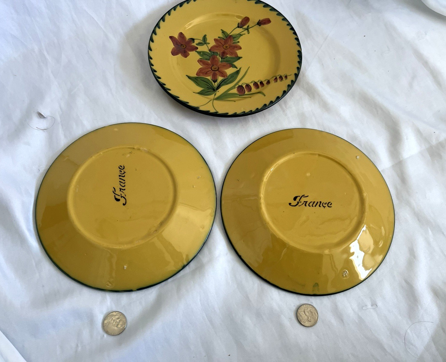 ANTIQUE set of 3 handpaint plates-yellow/mustard w/ orange & green floral.