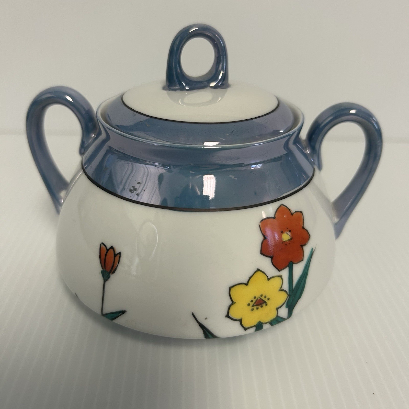 Meito Vintage China Blue Lustre Ware Sugar Bowl Hand Painted Made In Japan