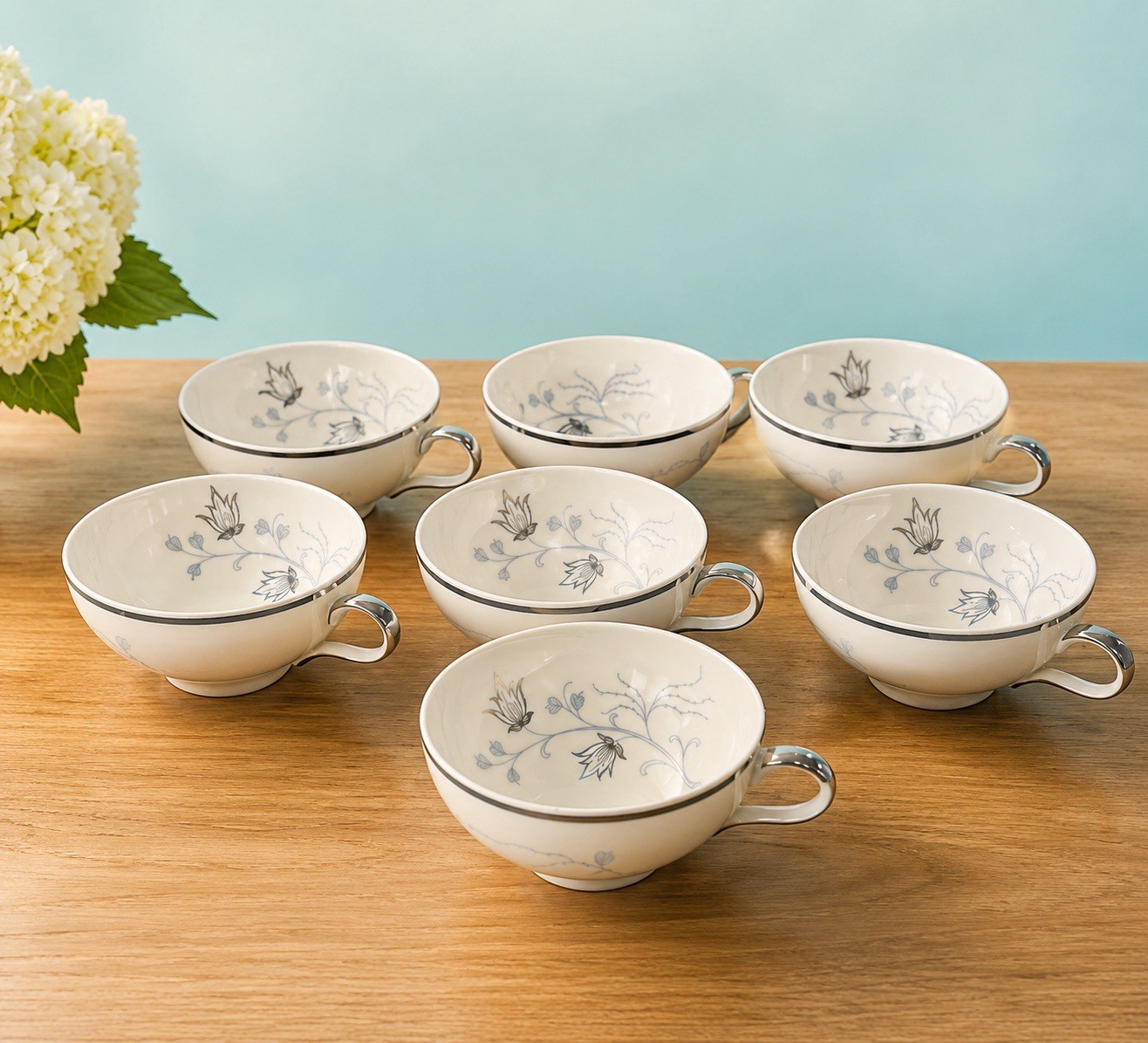 Eschenbach Bavaria 1960s Set Of 7 Teacups Silver Arbor Baronet China, 4×2”