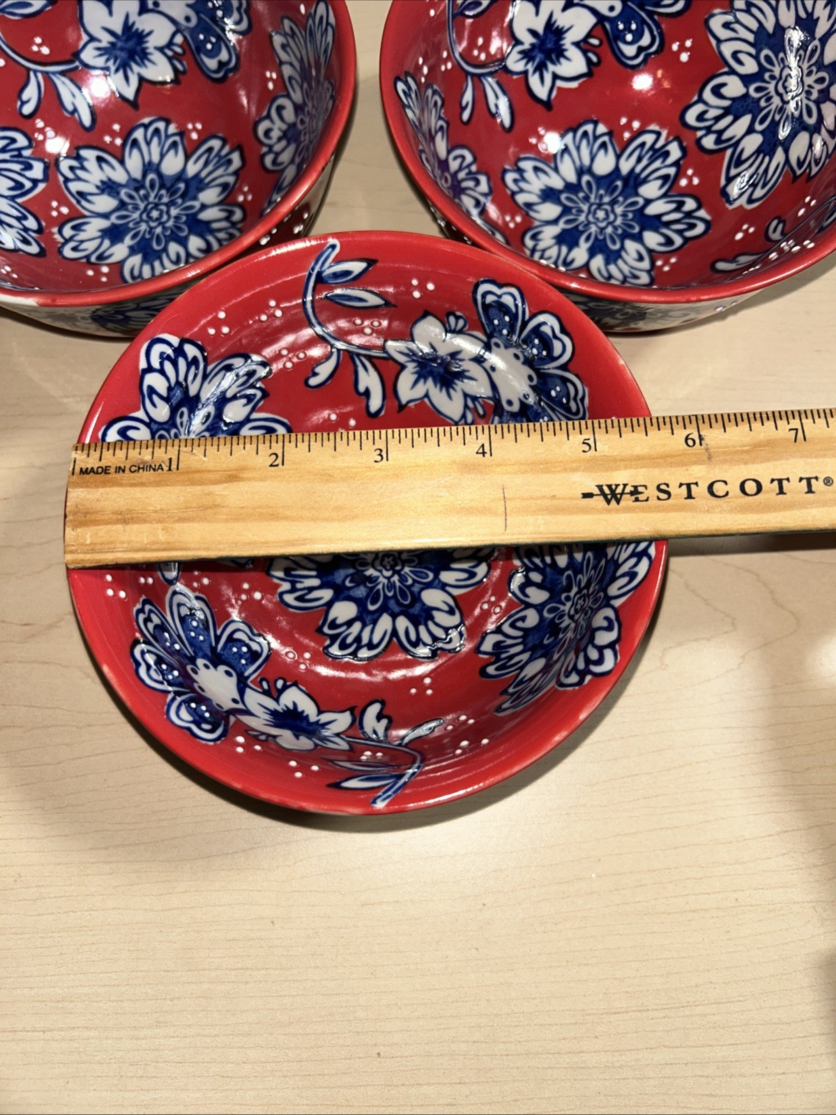 3 Yokohama Studio Hand Painted Red White Blue Flowers Rice Noodle Bowls 6″