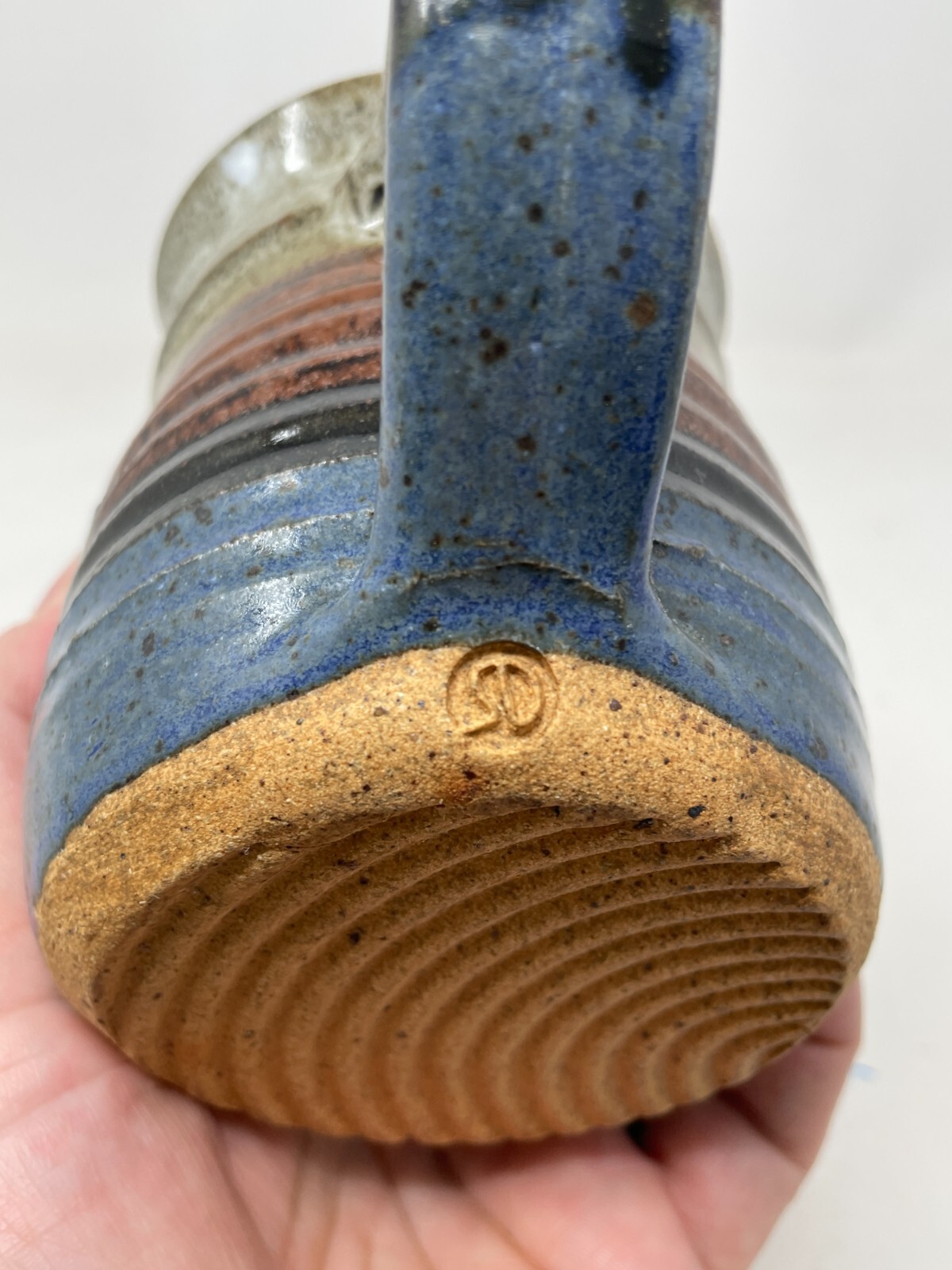 Studio Art Pottery Stoneware Creamer Pitcher Blue Brown Marked Rustic 4.5in