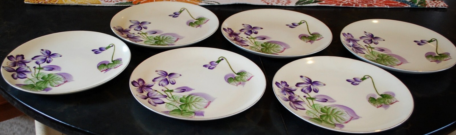 Vtg Set 6 PLATES Tashiro Shoten Japan HANDPAINTED PURPLE VIOLETS Gold Rims 7.5″