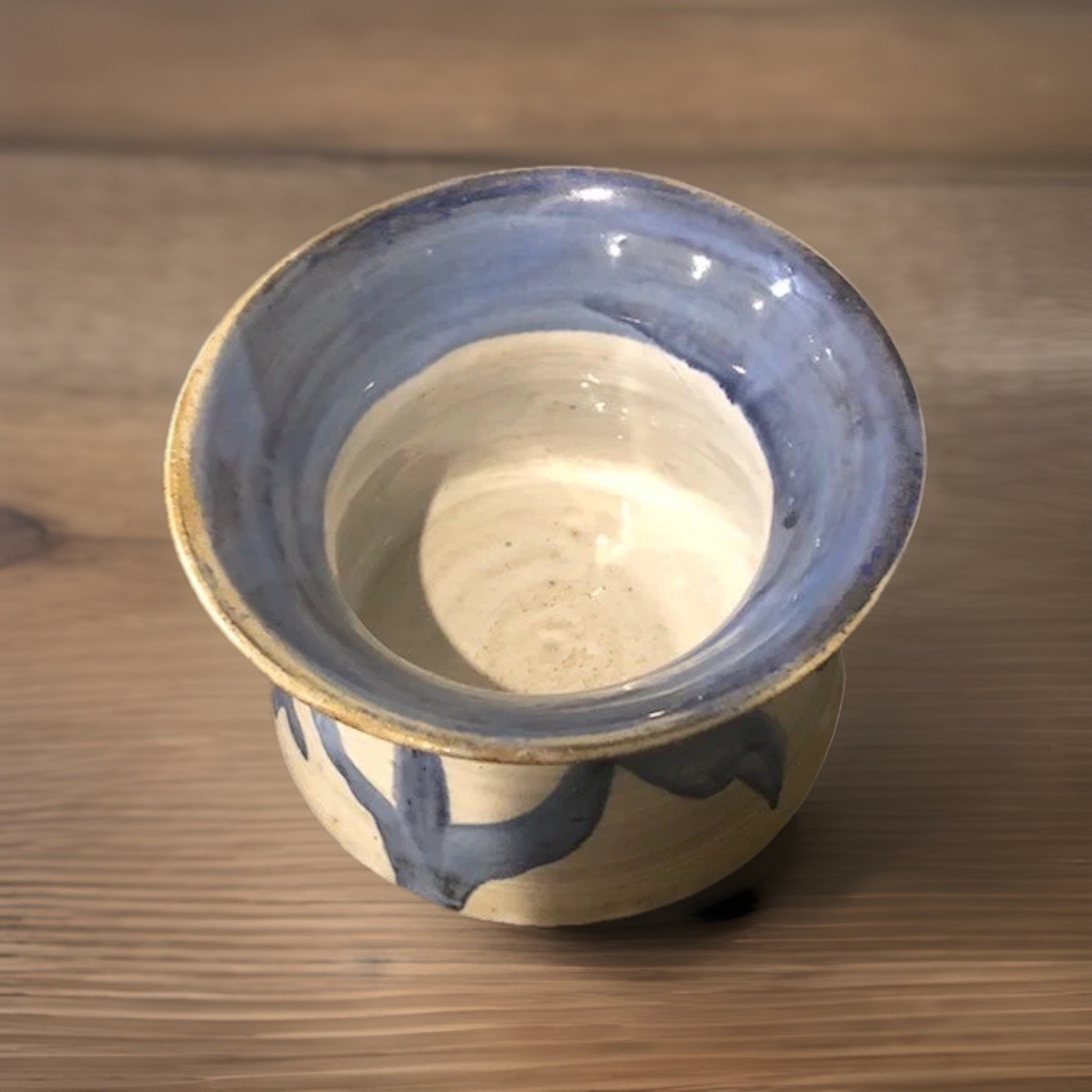 Vintage Studio Art Pottery Bowl Speckled Glaze Blue Floral Design