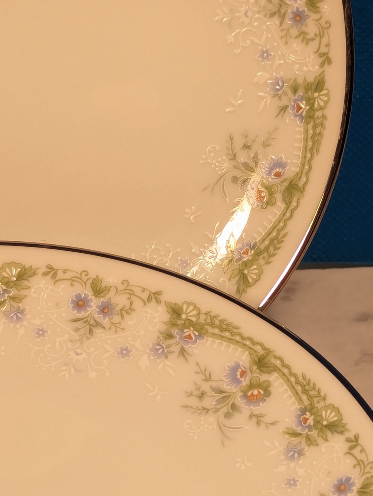 2 Bread Plates Noritake Fine Bone China Blue Green Floral Silver Trim Dee #2212