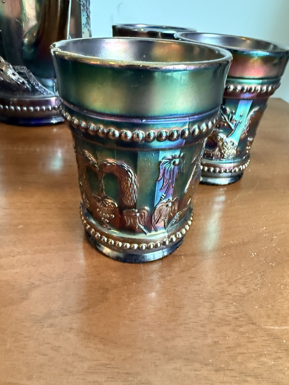 Antique Northwood Carnival Glass Peacock At The Fountain Pitcher & Tumblers Set