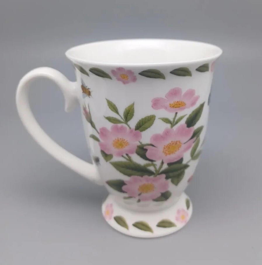 Kent Pottery Pedestal Mug 8oz Pink Flowers, Butterfly And Bumble bee