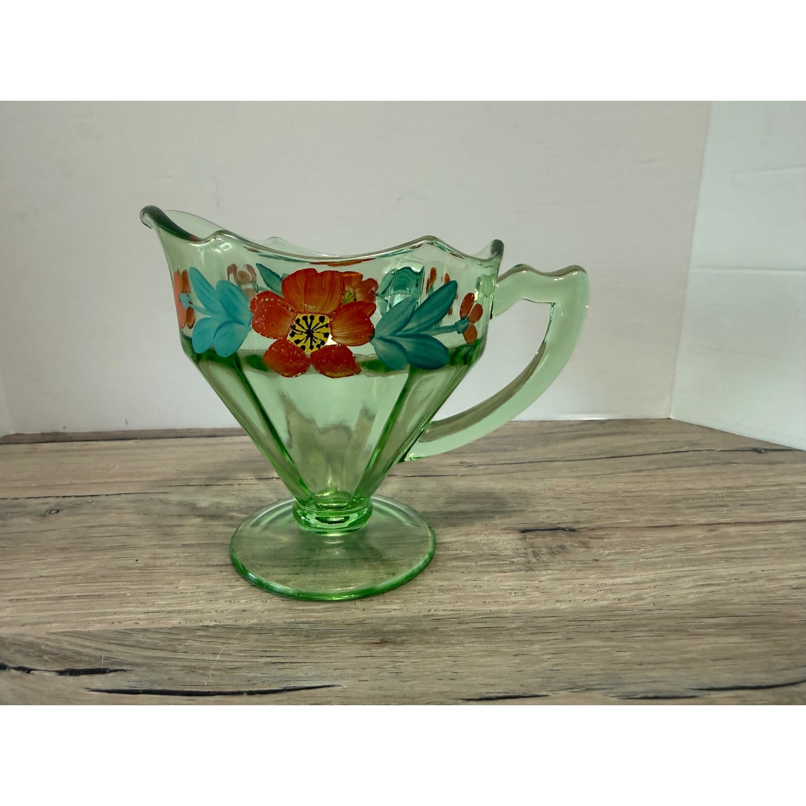 Vintage Green Glass Creamer Pitcher Hand Painted Floral Scalloped Footed 5in