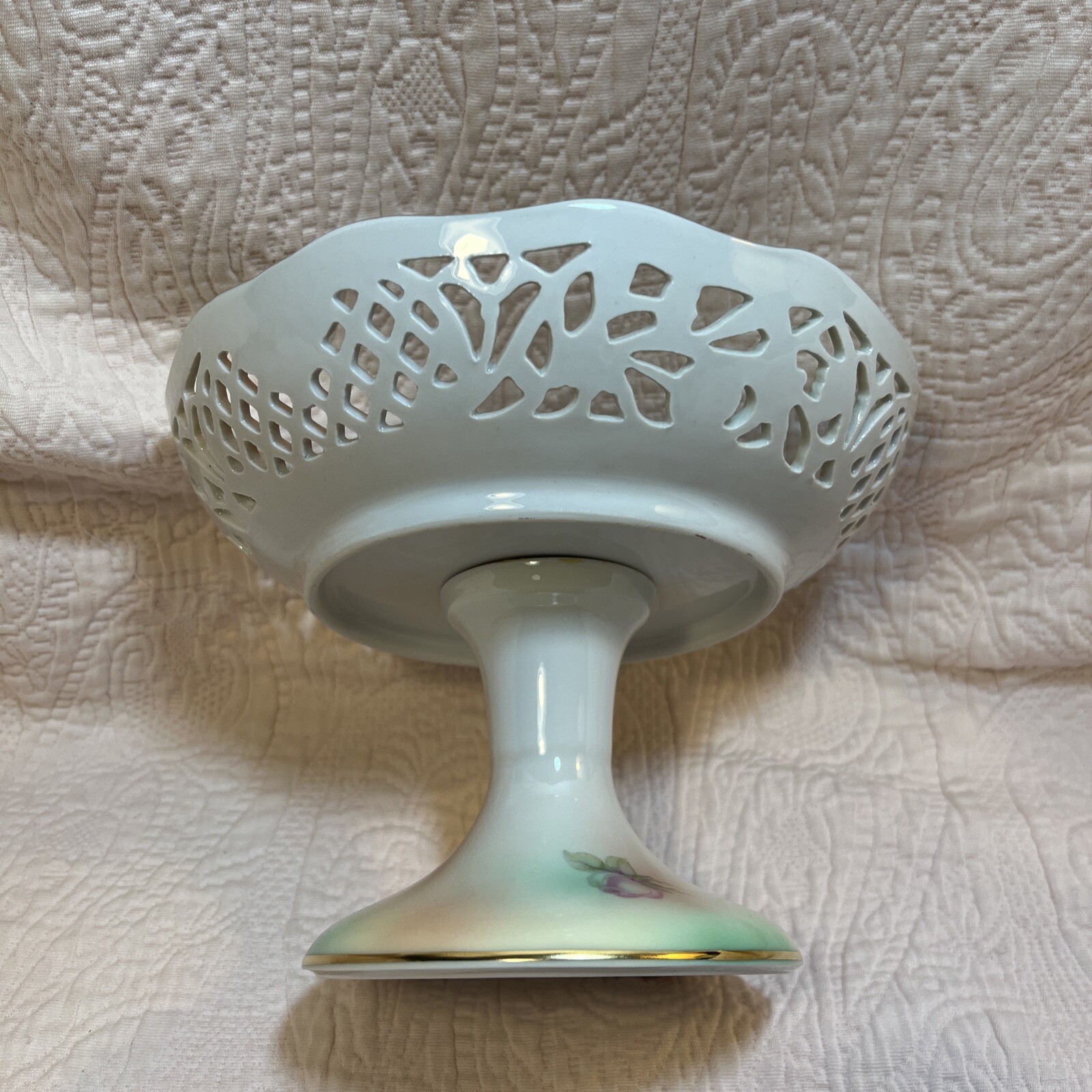 Vtg Schumann Arzberg Reticulated Pedestal Dish Pink Roses Germany
