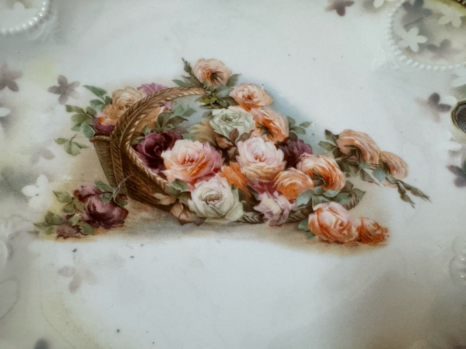 Antique RS Prussia Handled Cake Plate Basket of Roses Gold Gilt 9.5″ Red Mark