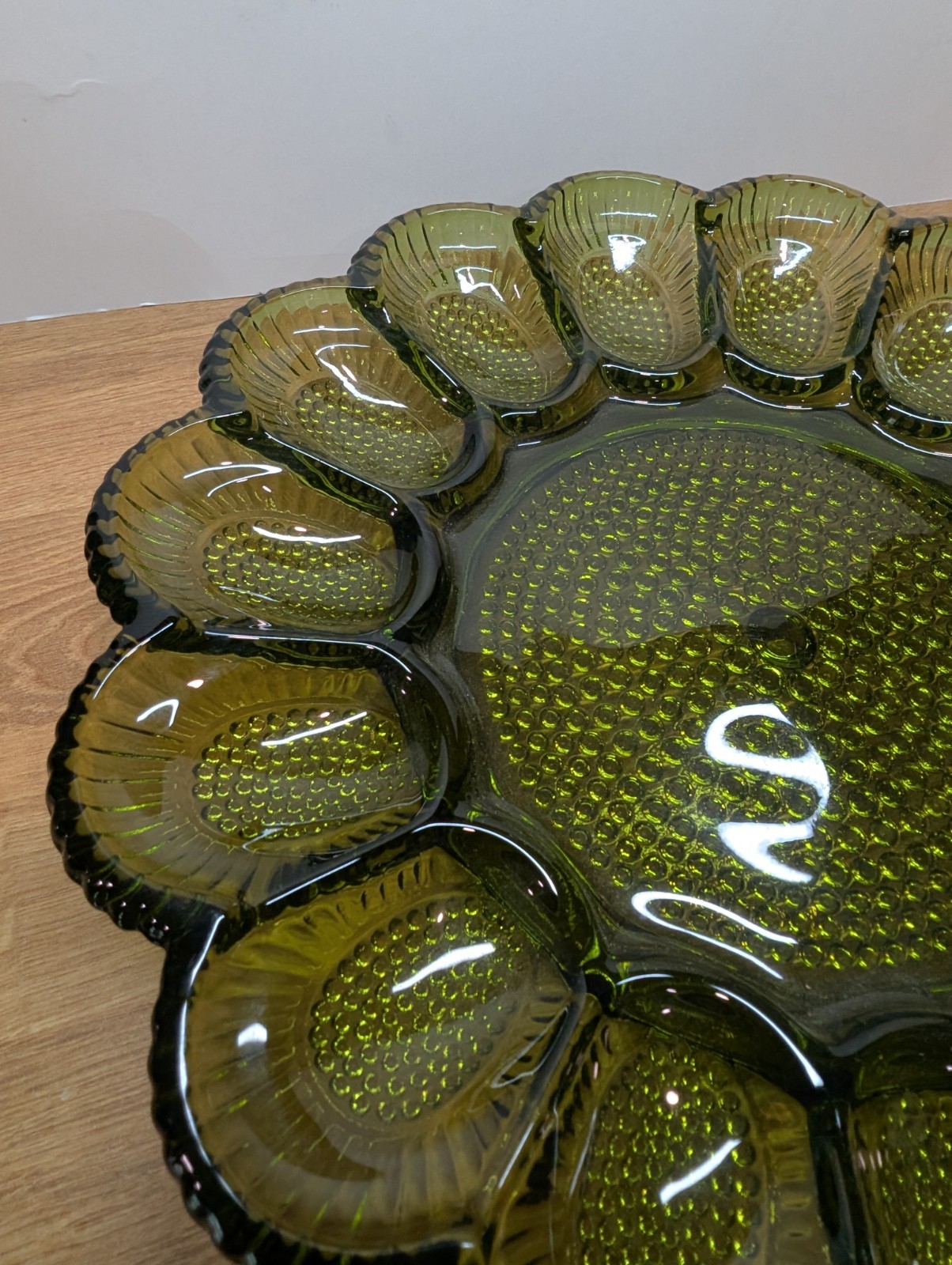 Vintage Indiana Glass Olive Green Hobnail Deviled Egg Dish Tray Plate MCM 15 Egg