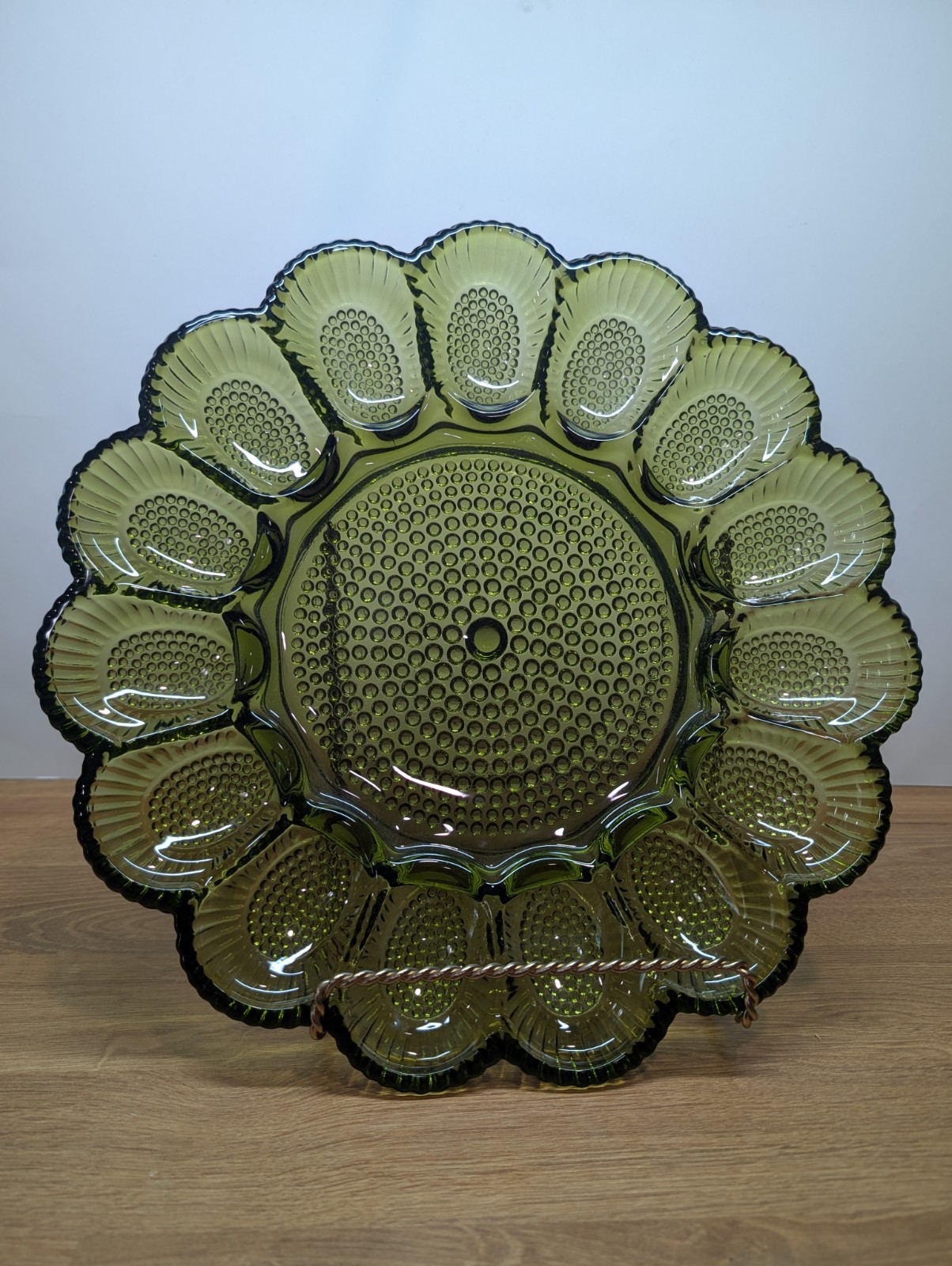 Vintage Indiana Glass Olive Green Hobnail Deviled Egg Dish Tray Plate MCM 15 Egg