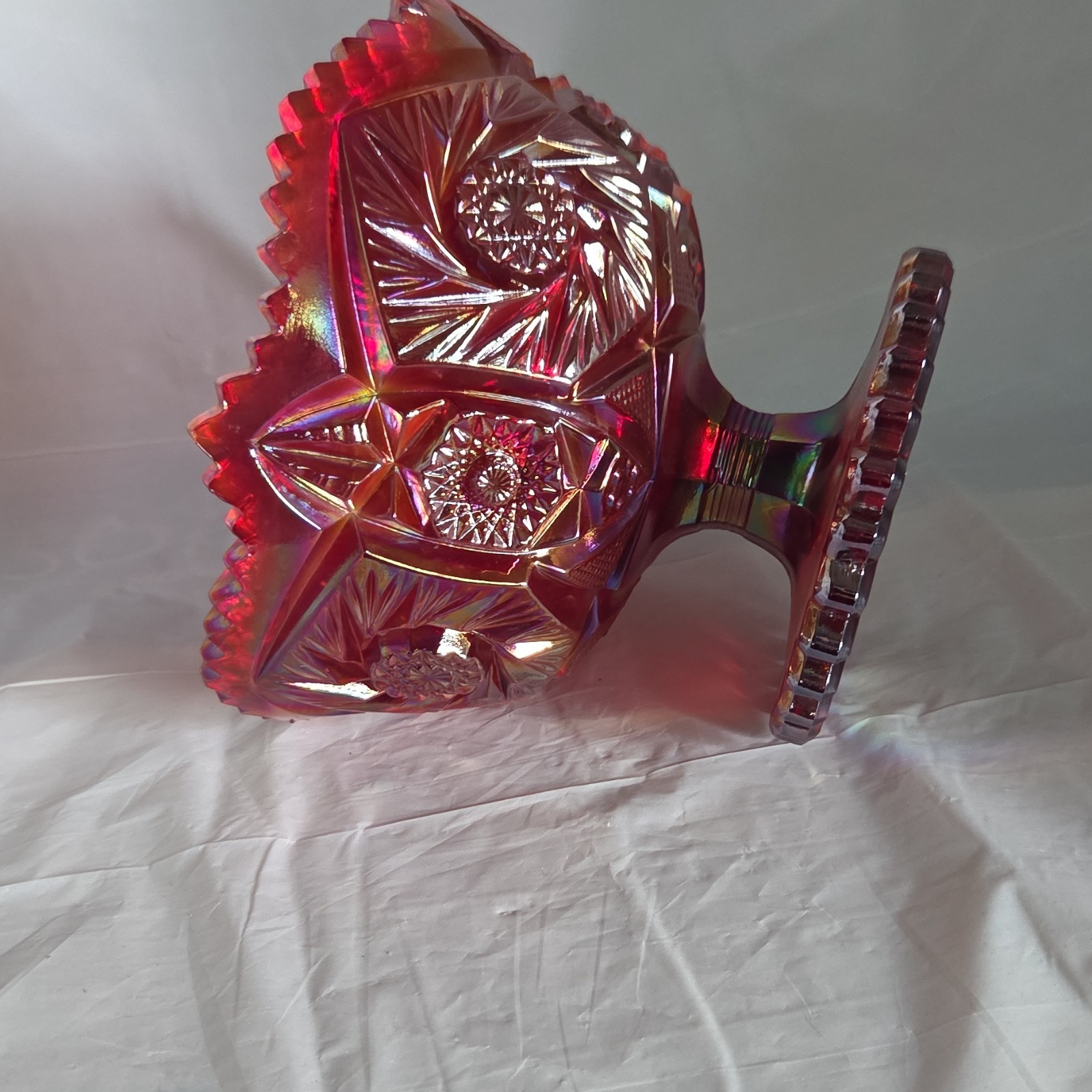 Red Iridescent Carnival Glass Starburst Pedestal Compote Bowl Round