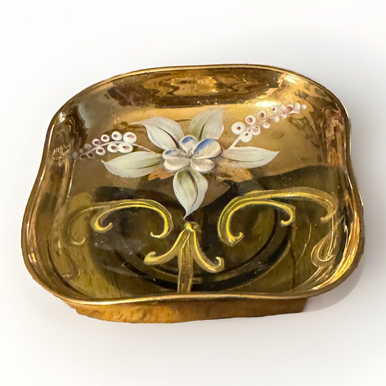 VTG enamel Trinket Dish Gold Gilt Glass Hand PAINTED Green Flowers 3×3 Inches