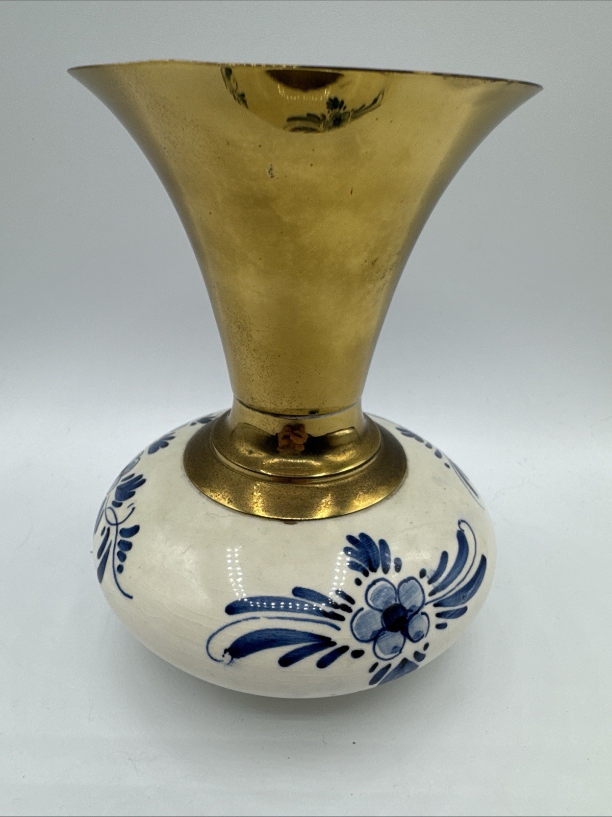 Holland Delft & Brass Blue & White Three Footed Vase 5 1/2 inches Vintage
