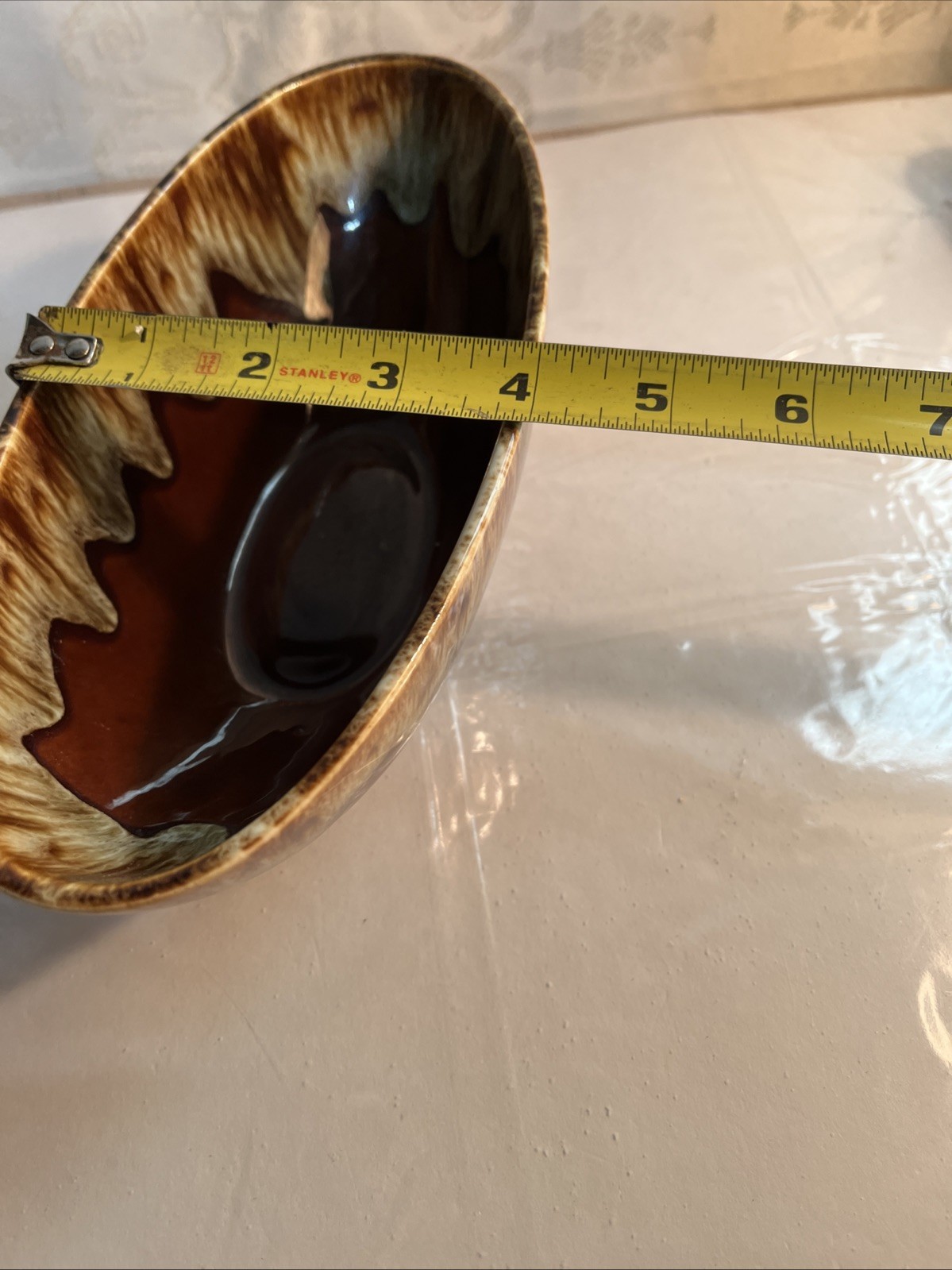 Vintage Brown Drip Glaze Pottery Oval Bowl