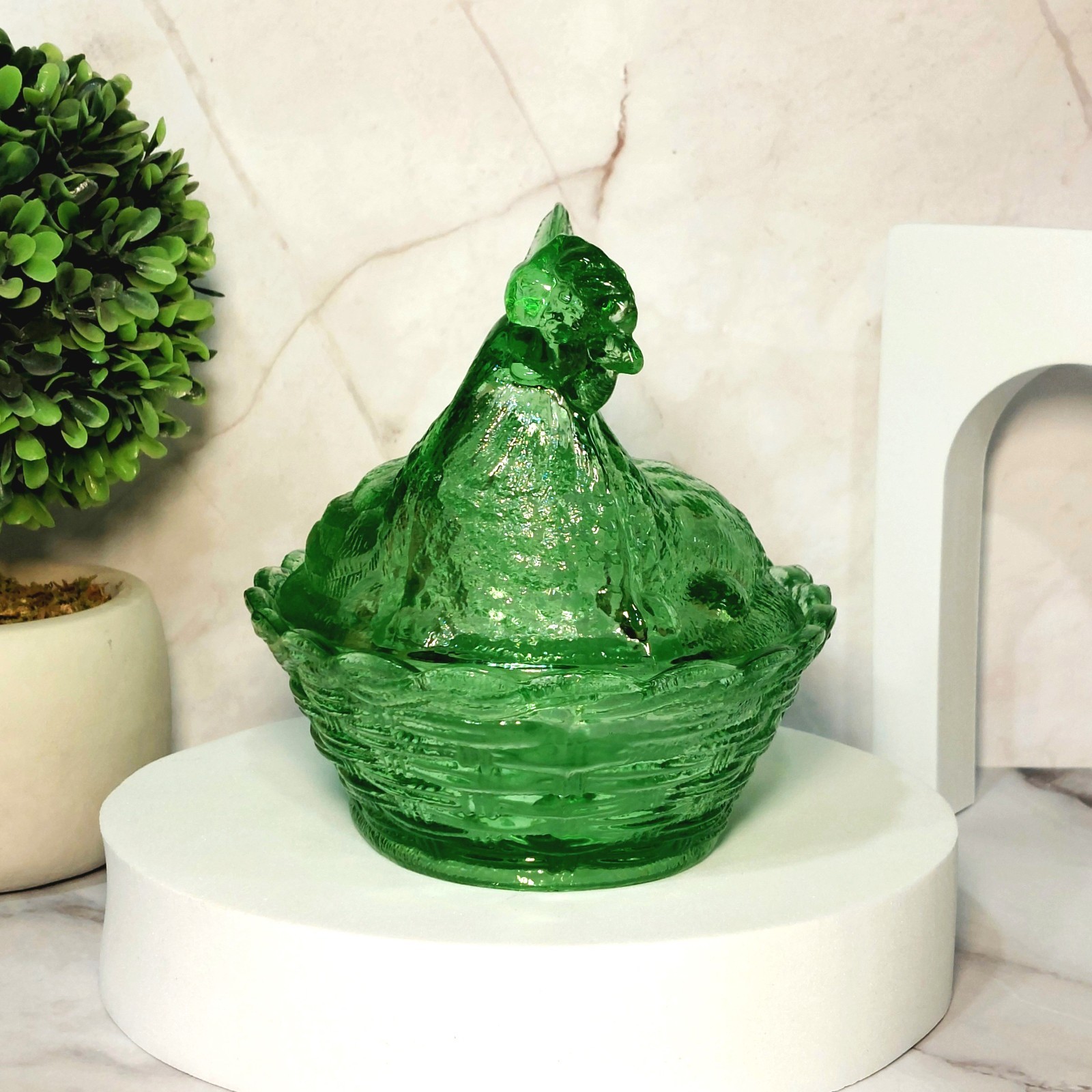 Hen on Nest Chicken Green Depression Style Glass Candy Dish, Vintage Style Decor
