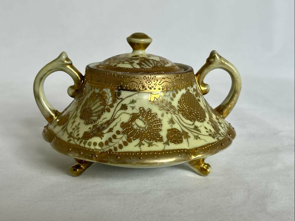 Vintage NIPPON Hand Painted Gold Encrusted Creamer and Sugar Bowl with Lid