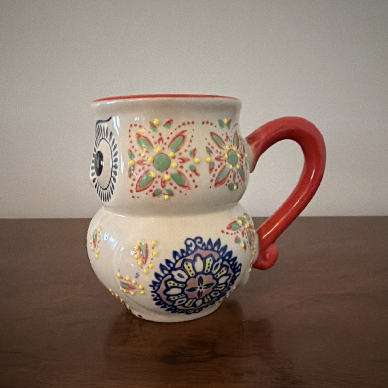 Yokohama Studio Hand Painted Ceramic Figural Owl Mug Red Handle White Blue