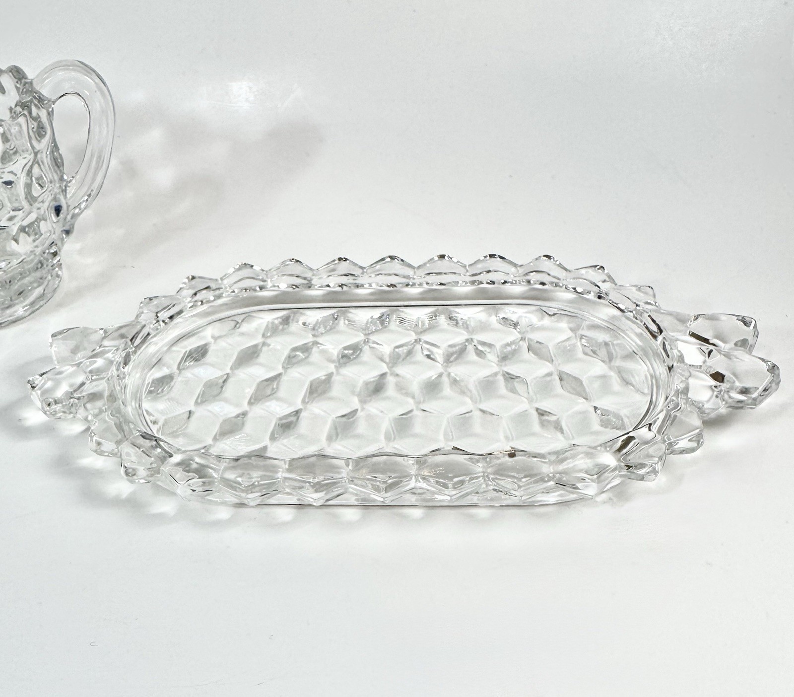 Fostoria American Creamer Open Sugar Bowl Set With Tray Clear Glass Cube Vtg H32