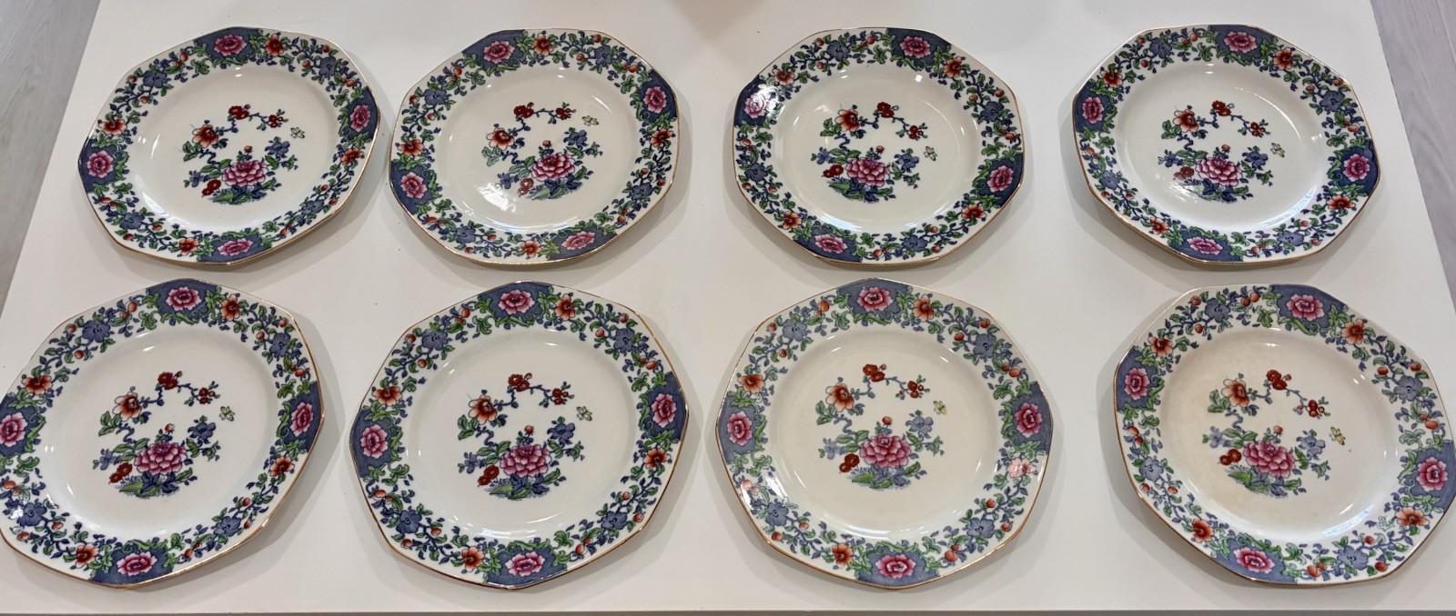 Lovely Antique Dishes, Golden Rims & Floral Pink, Blue & Rust Colors – Set Of 8