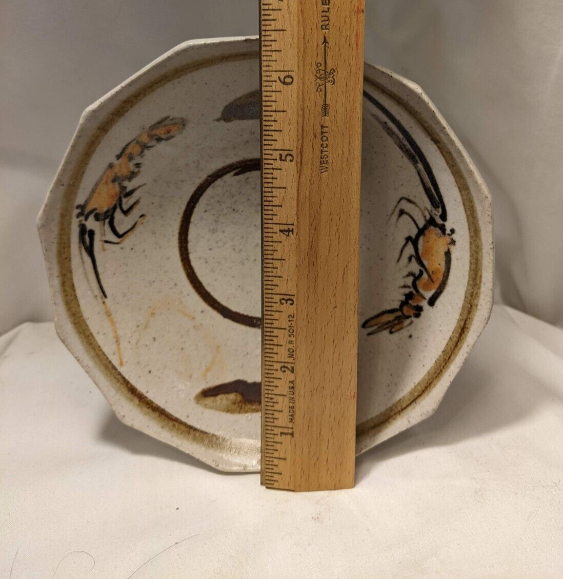 Handmade Studio Pottery Bowl signed MH abstract lobster design 6.5 ib diam