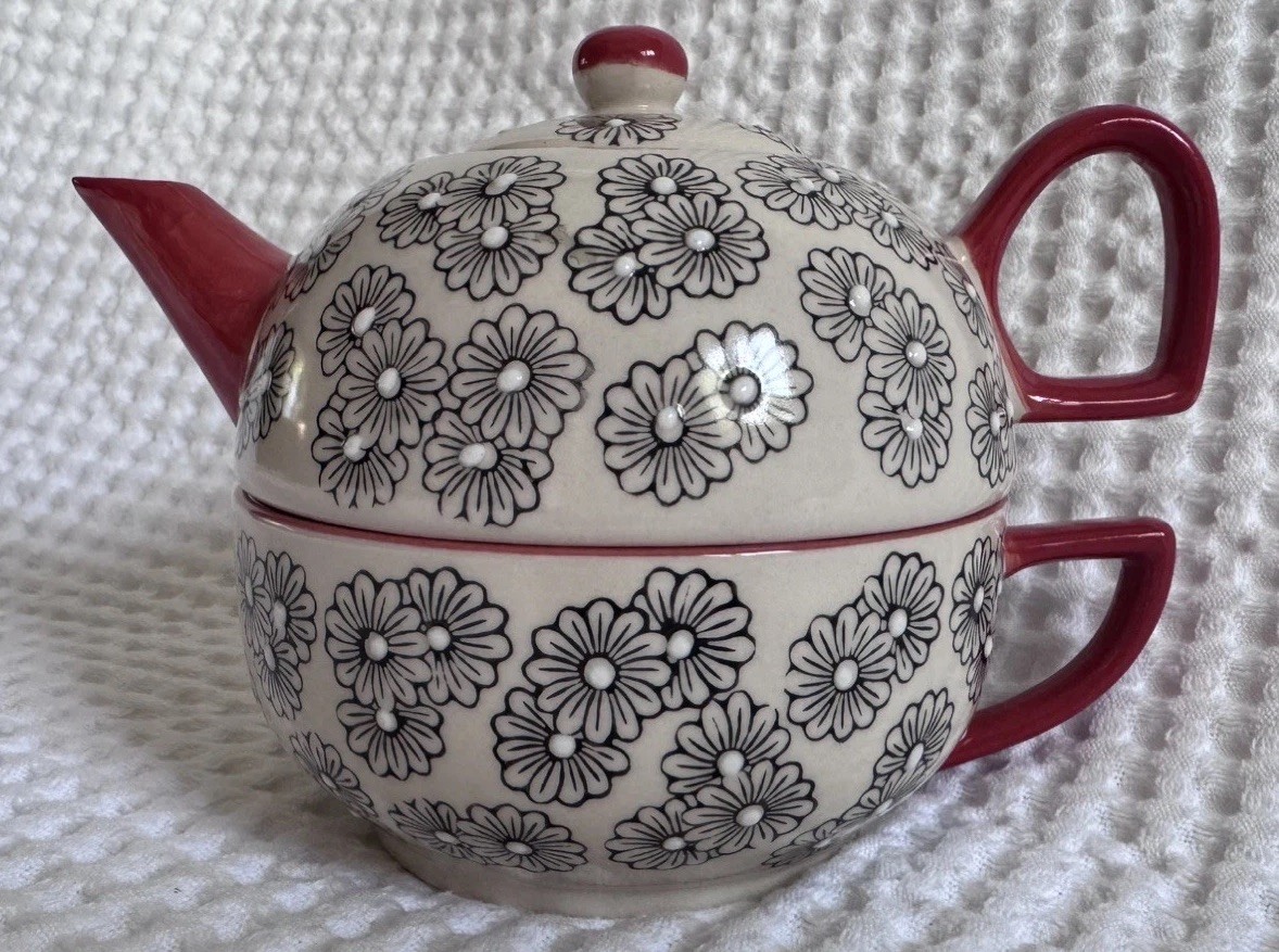 Yokohama Studio Hand Painted Whimsical Ceramic Teapot & Cup Mug Stacked Duo Set