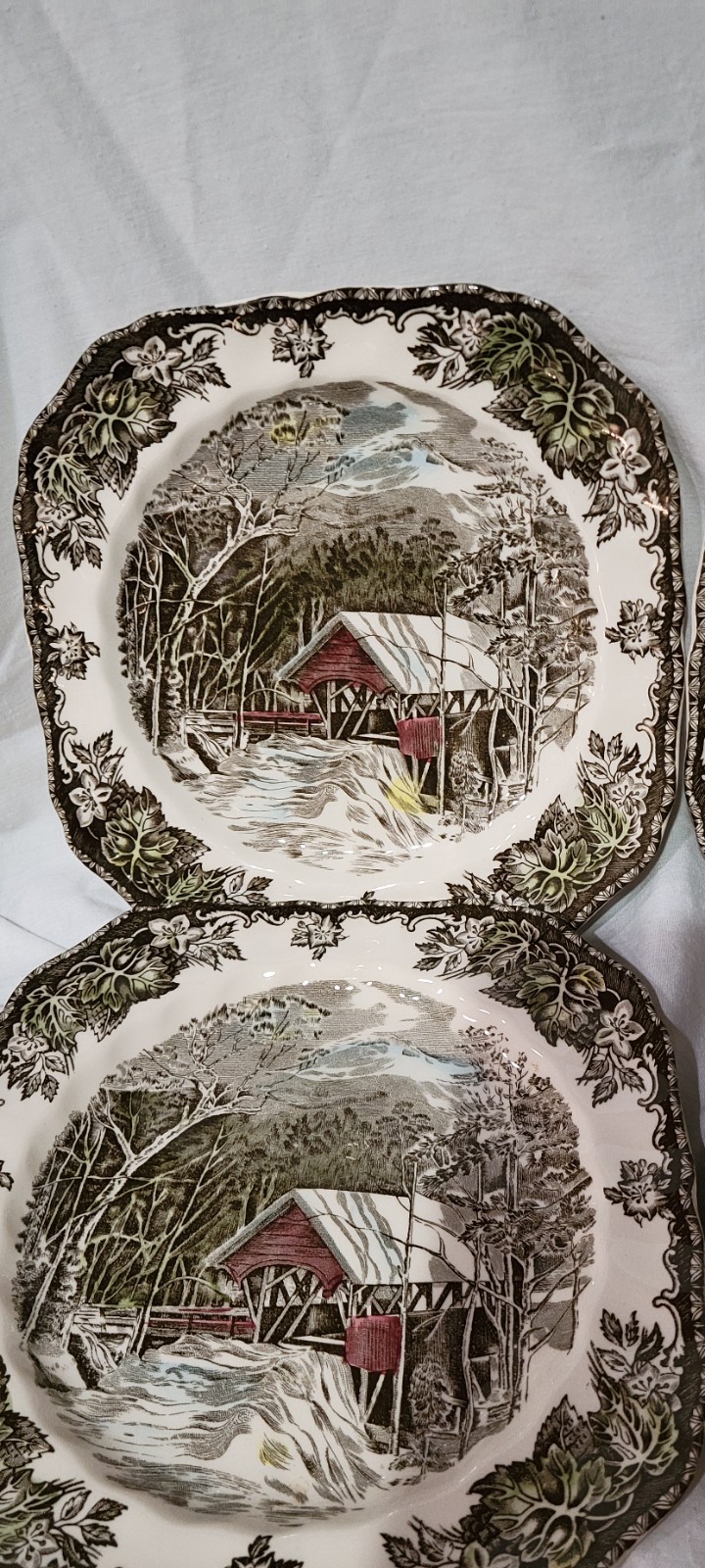 4 Johnson Bros Friendly Village Covered Bridge Square Plates Made in England