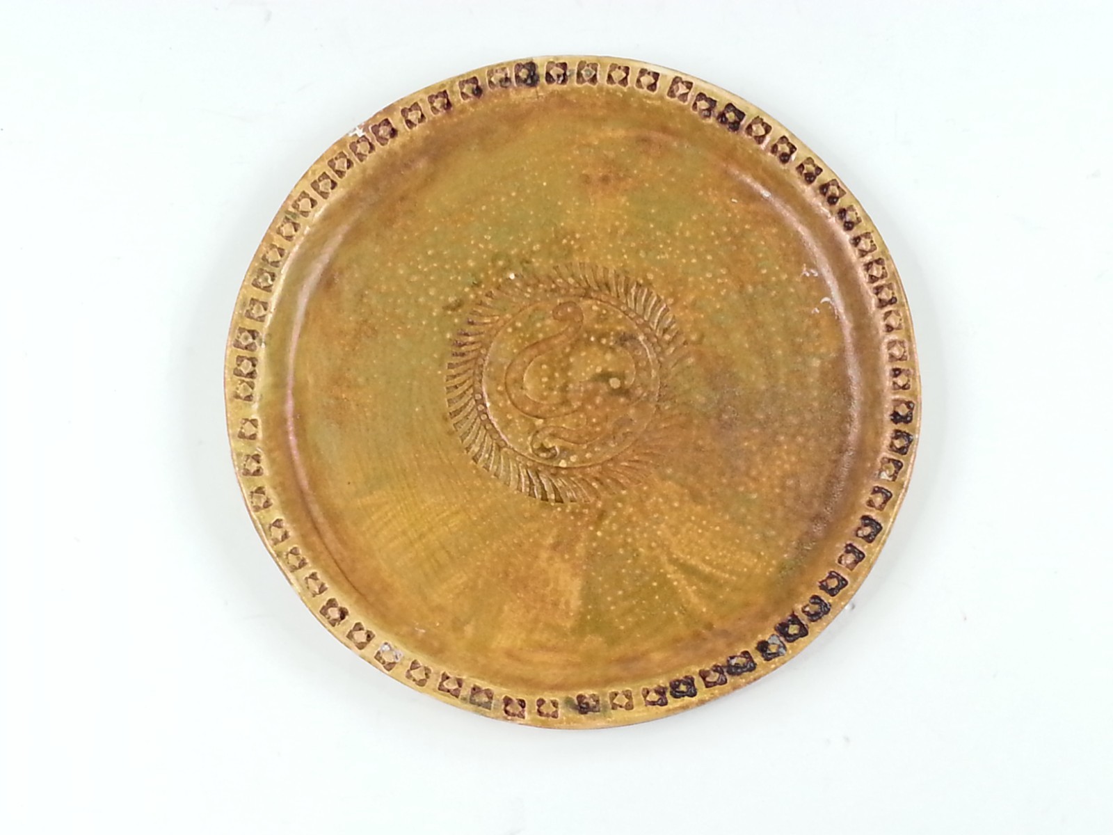 Art Pottery Round Tray Artisan Signed Sharmon 11.5 Inch Platter Om Sign