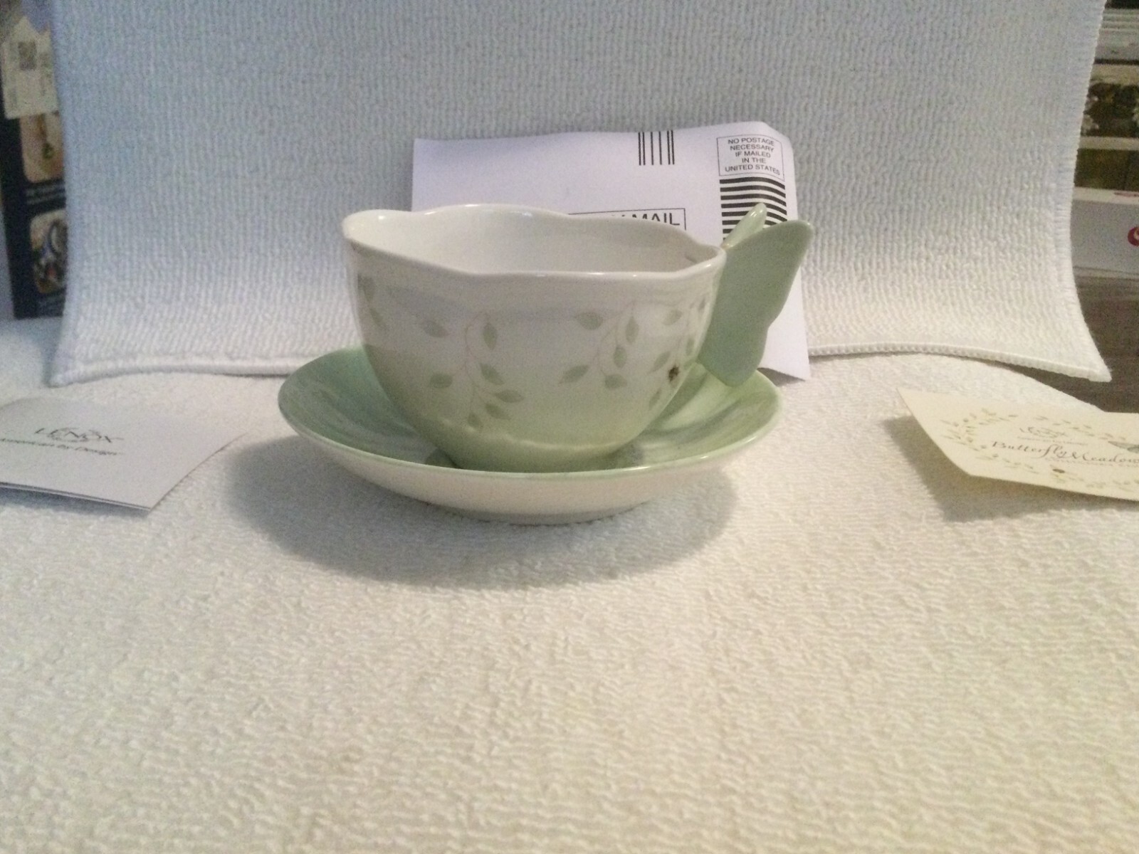 (2) Lenox Teacup Butterfly Meadow Handle Coffee Cup Mug w/ a Bumble Bee