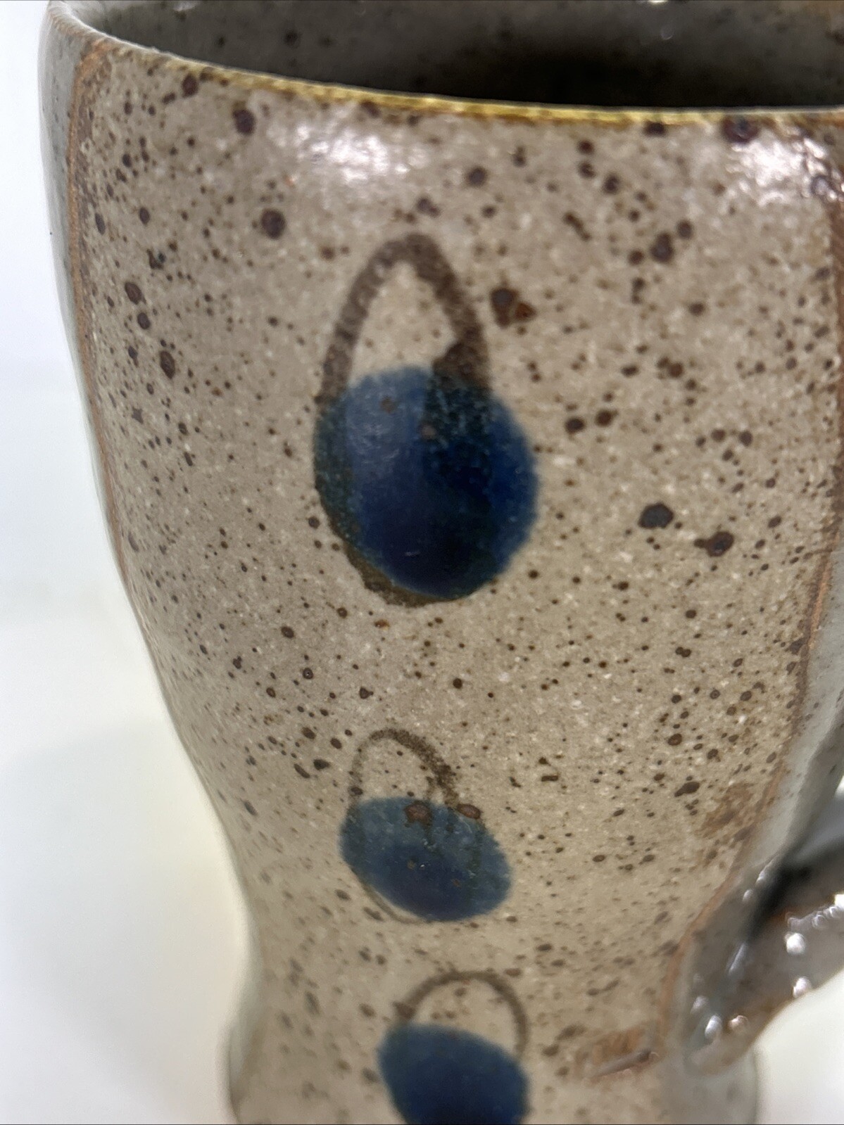 Studio Art Pottery Mug Gray Beige Blue Spotted Signed SRF 5”