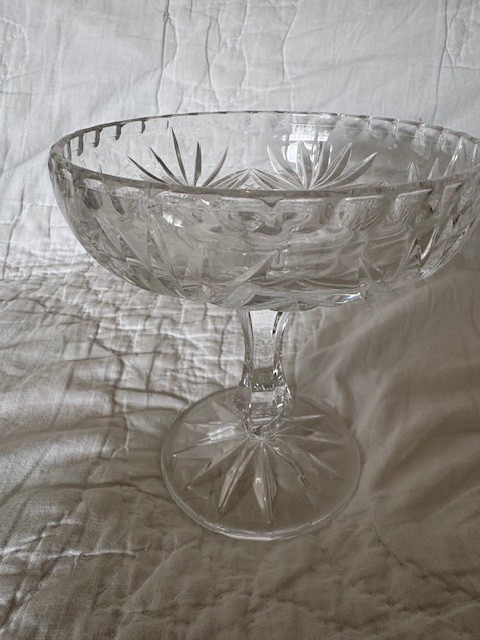Vintage large crystal candy dish on glass pedestal. Approx 5 1/2 inches