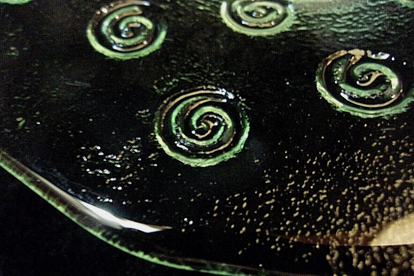 FOUR PIECE SET of GREEN TINTED GLASS BOWLS with MATCHING SAUCERS – SPIRALS!!