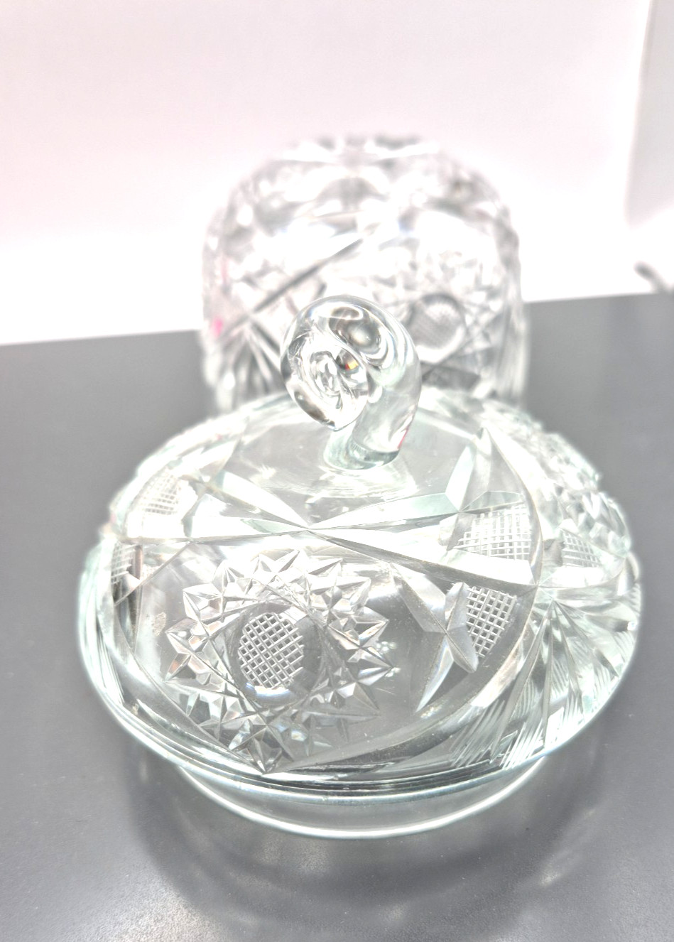 Vintage Clear Cut Lidded Candy Dish Starburst Pattern 6″ Tall EUC