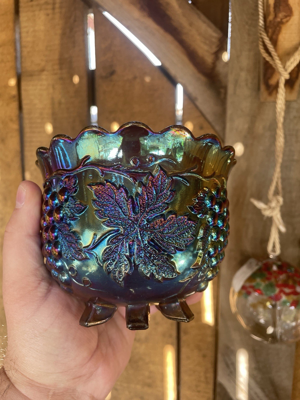 CARNIVAL GLASS ~ ELECTRIC DUGAN GRAPE DELIGHT FLARED NUT BOWL ~