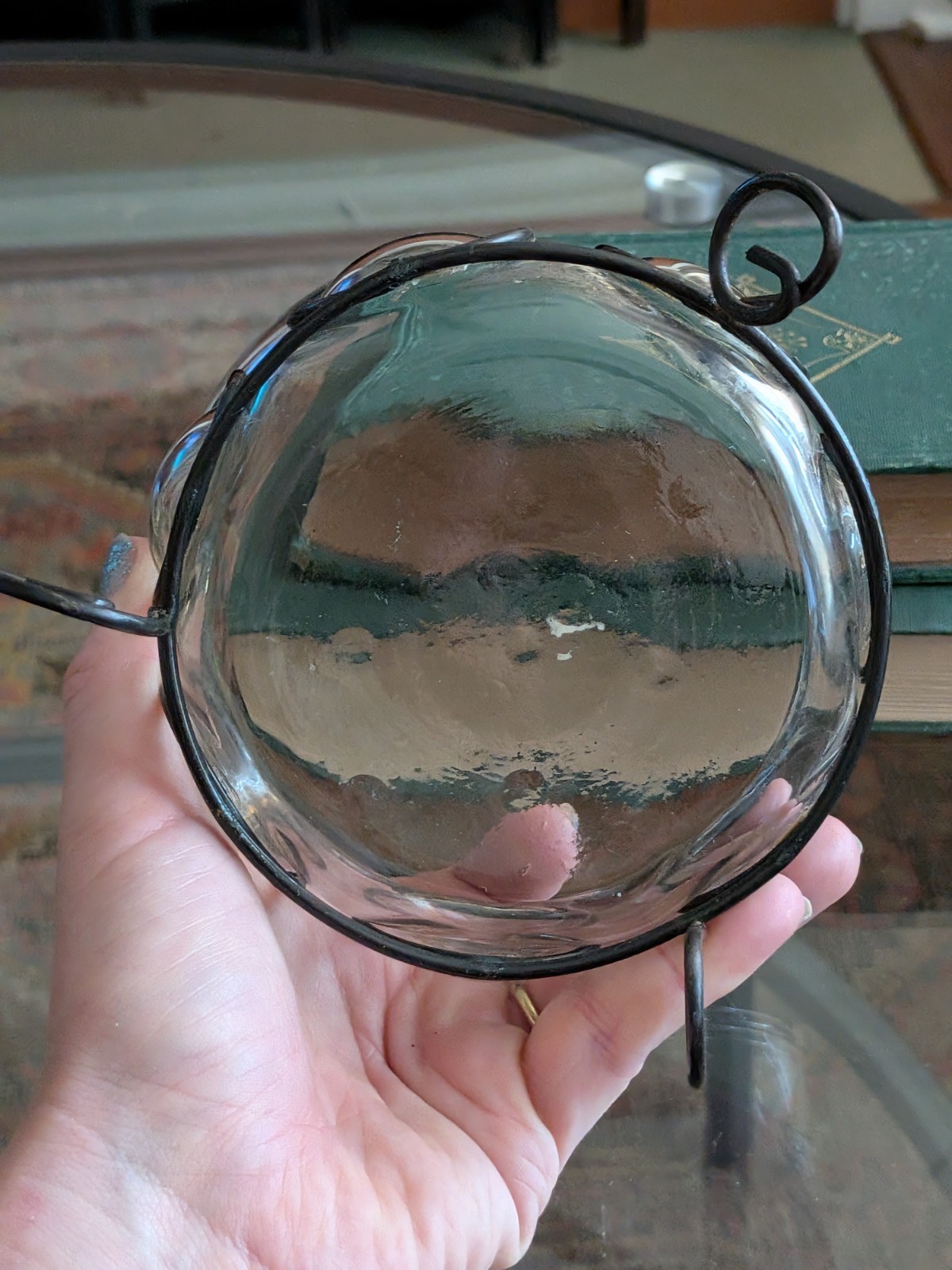 Vtg Blown Bubble Glass & Metal Caged Bowl Studio Welded Metal Frame 90s Art