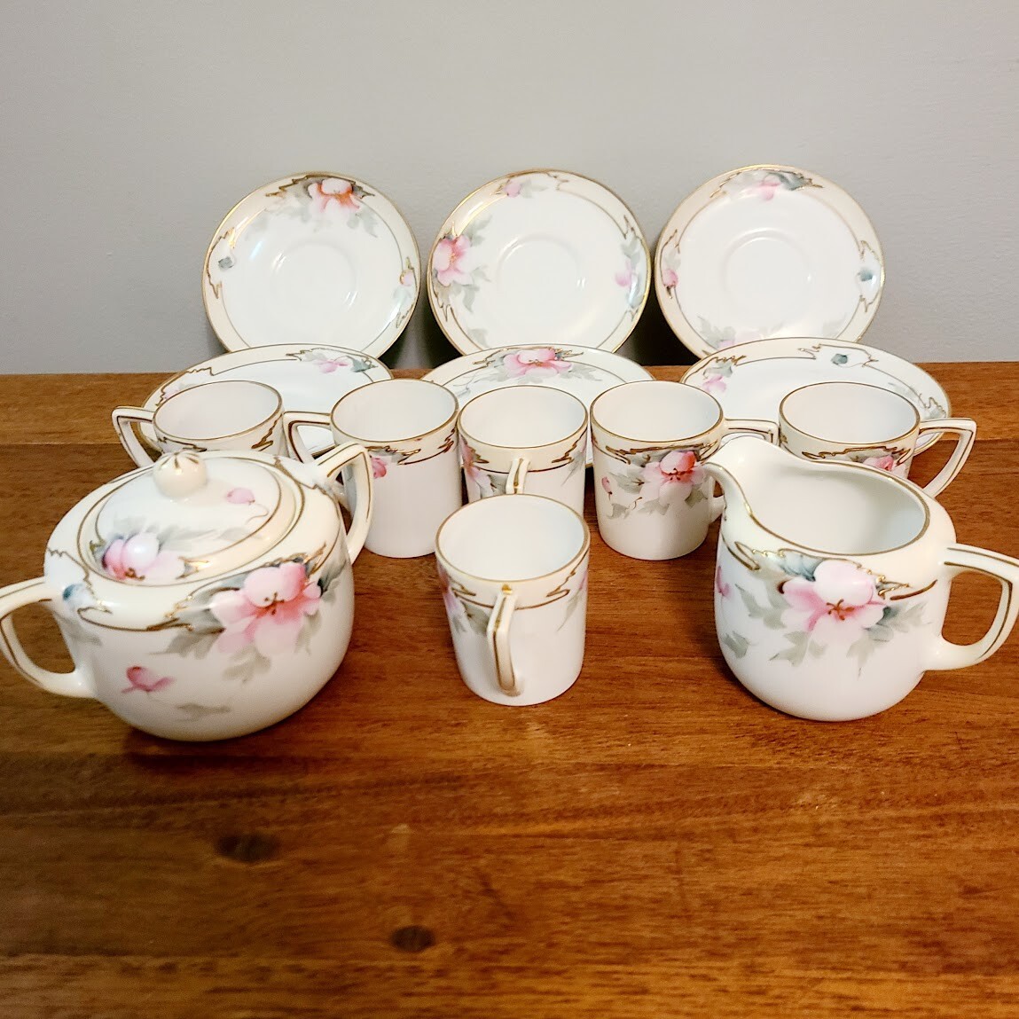 Antique Edwardian White Gold Rimmed w/ Pink, White & Green Floral Nippon Tea Set