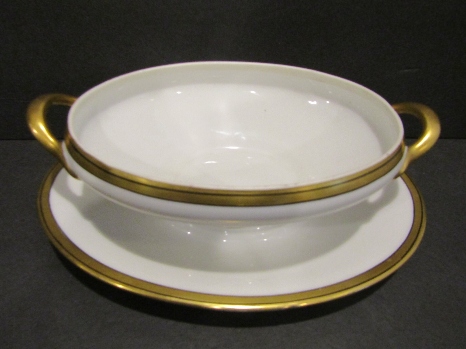 Gravy Boat With Handles & Attached Underplate – Gold With Black Stripe FRANCE
