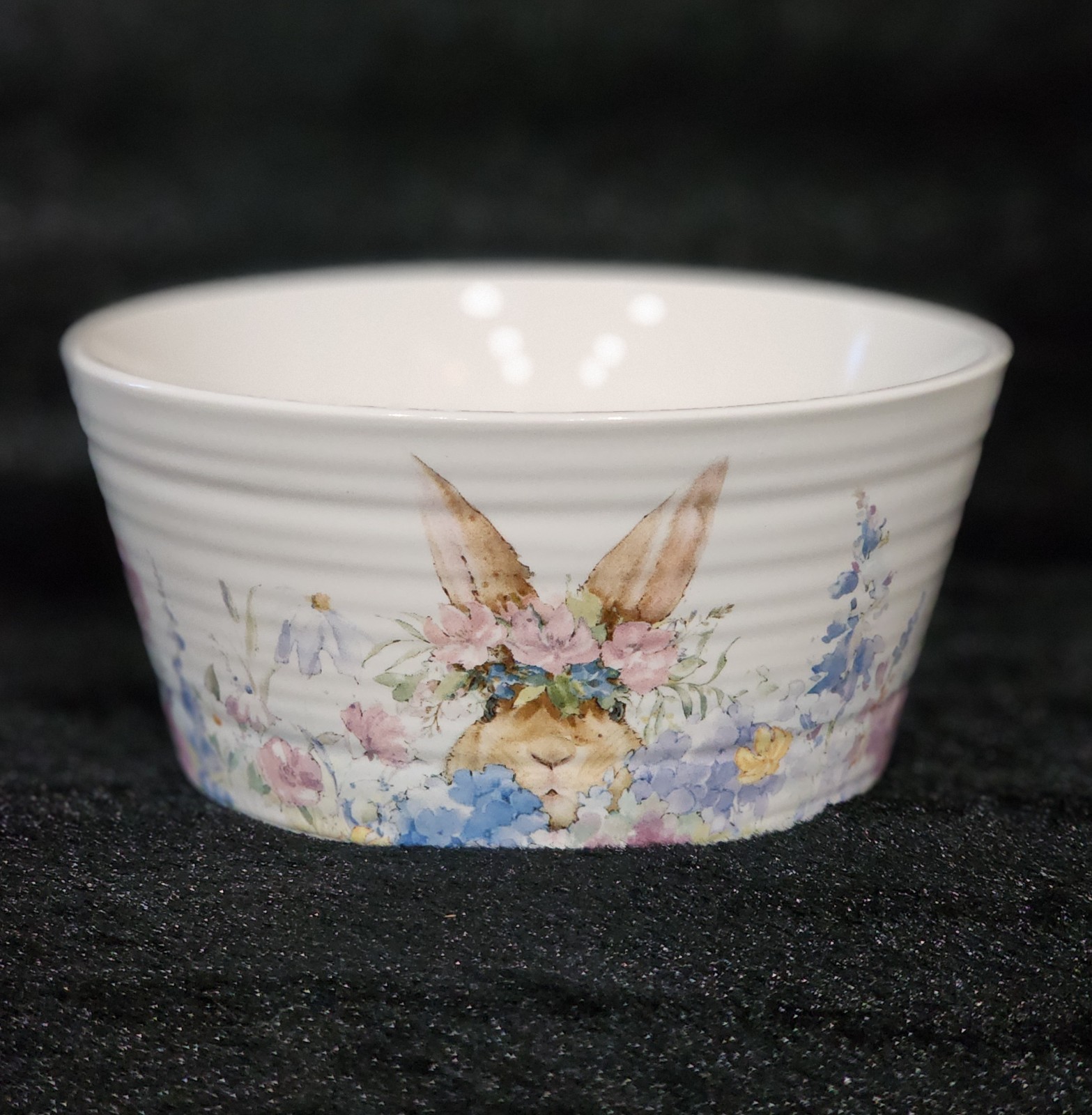 4 Watercolor Peeking Bunny & Flowers Cereal Bowls 6″ Ceramic Easter Flower Crown