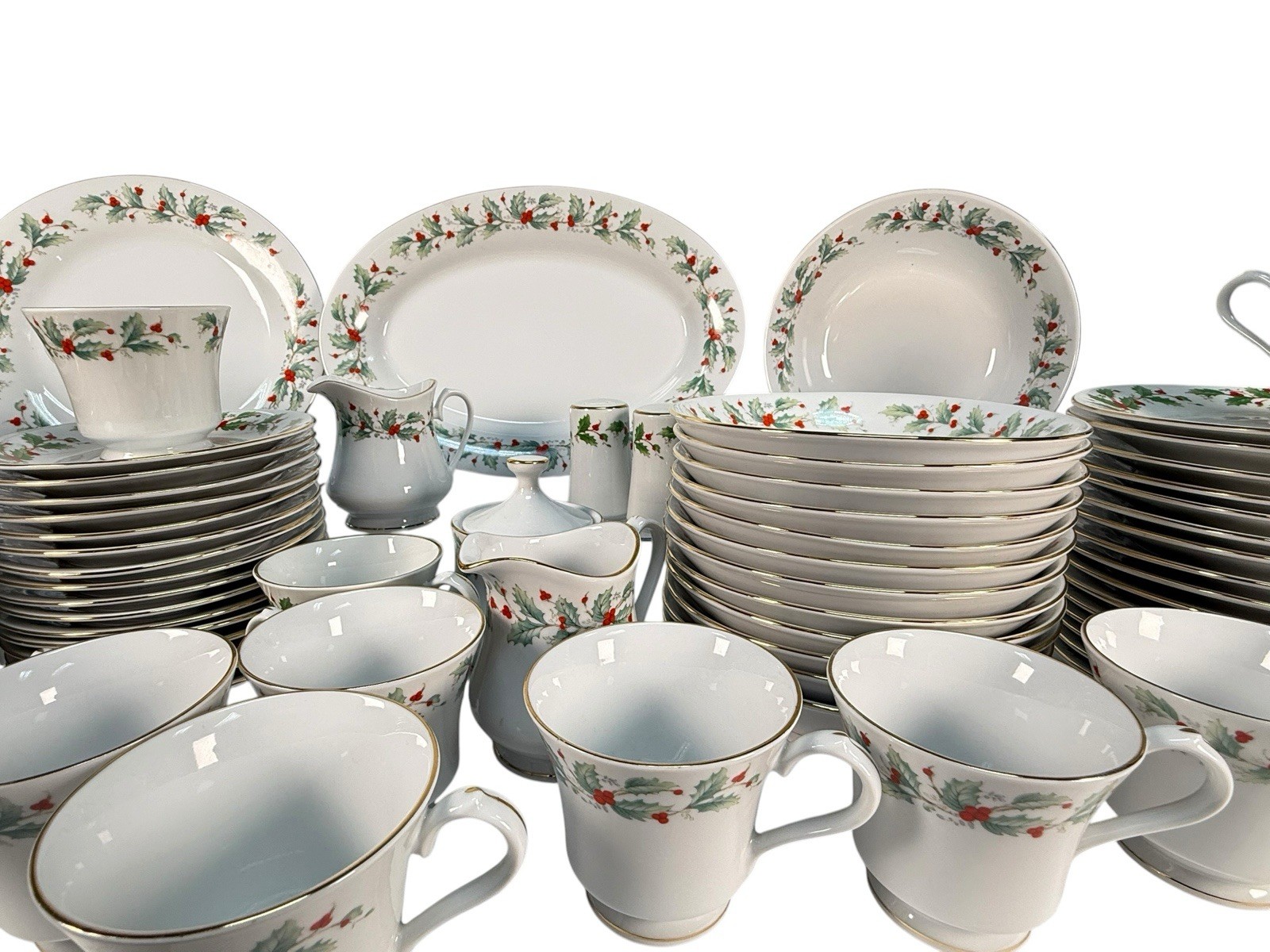 82pc China Pearl NOEL Christmas Dinnerware Set Service for 16 Muted Black Stamp
