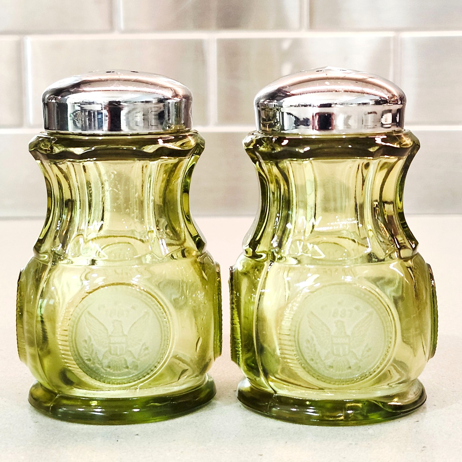 Vintage Fostoria Olive Green Glass Coin 3” Tall Salt & Pepper Shakers