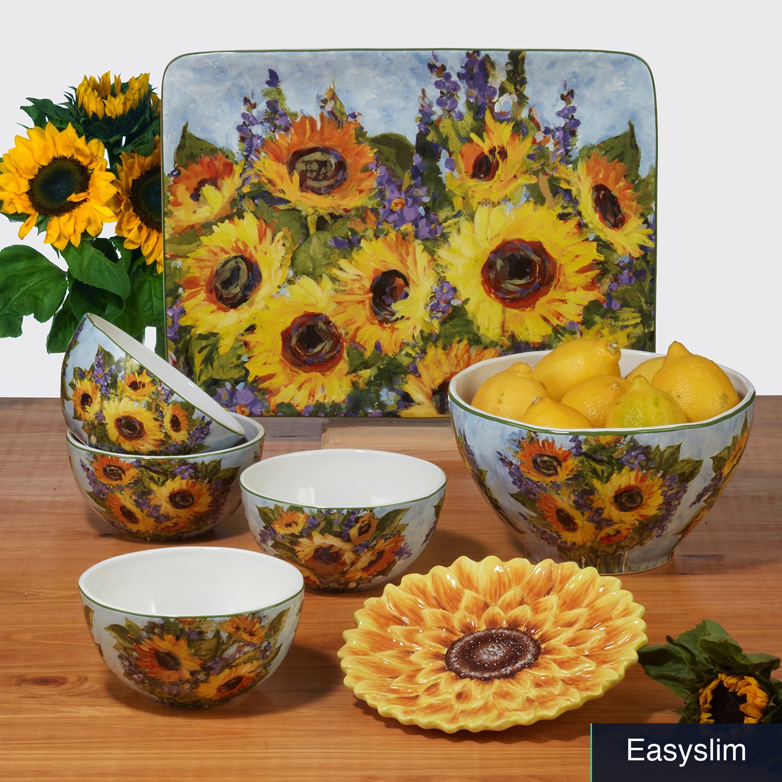Serving Bowl 13 Inch Sunflower Bouquet Ceramic Multicolor Earthenware