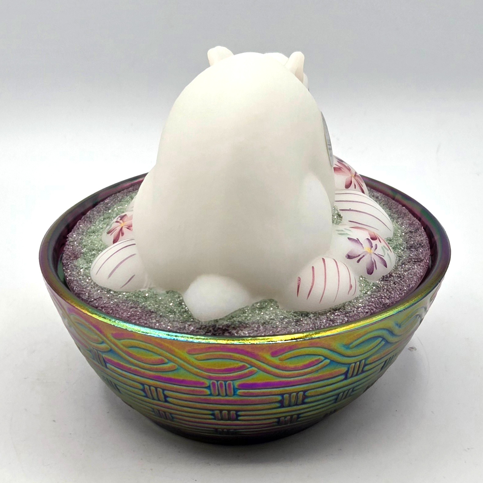 FENTON COVERED EASTER BUNNY DISH Irridescent Nest HAND PAINTED SIGNED by ARTIST