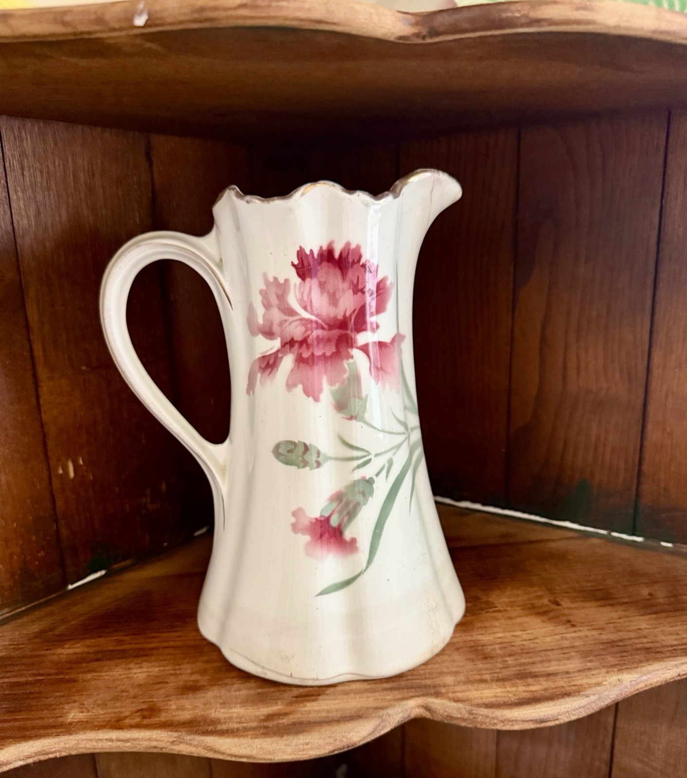 Blue Ridge Floral Ceramic Pitcher with Handle & Spout, White Pink Green
