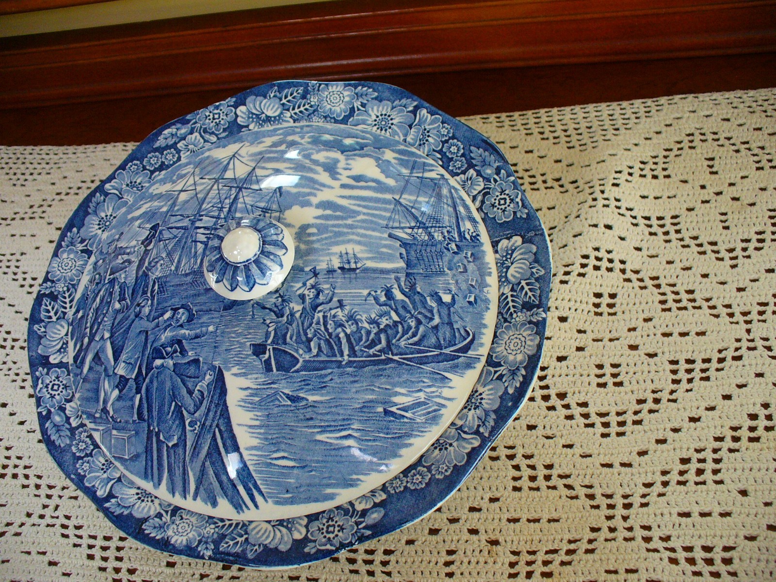 LIBERTY BLUE Staffordshire Covered Vegetable Bowl “Boston Tea Party”