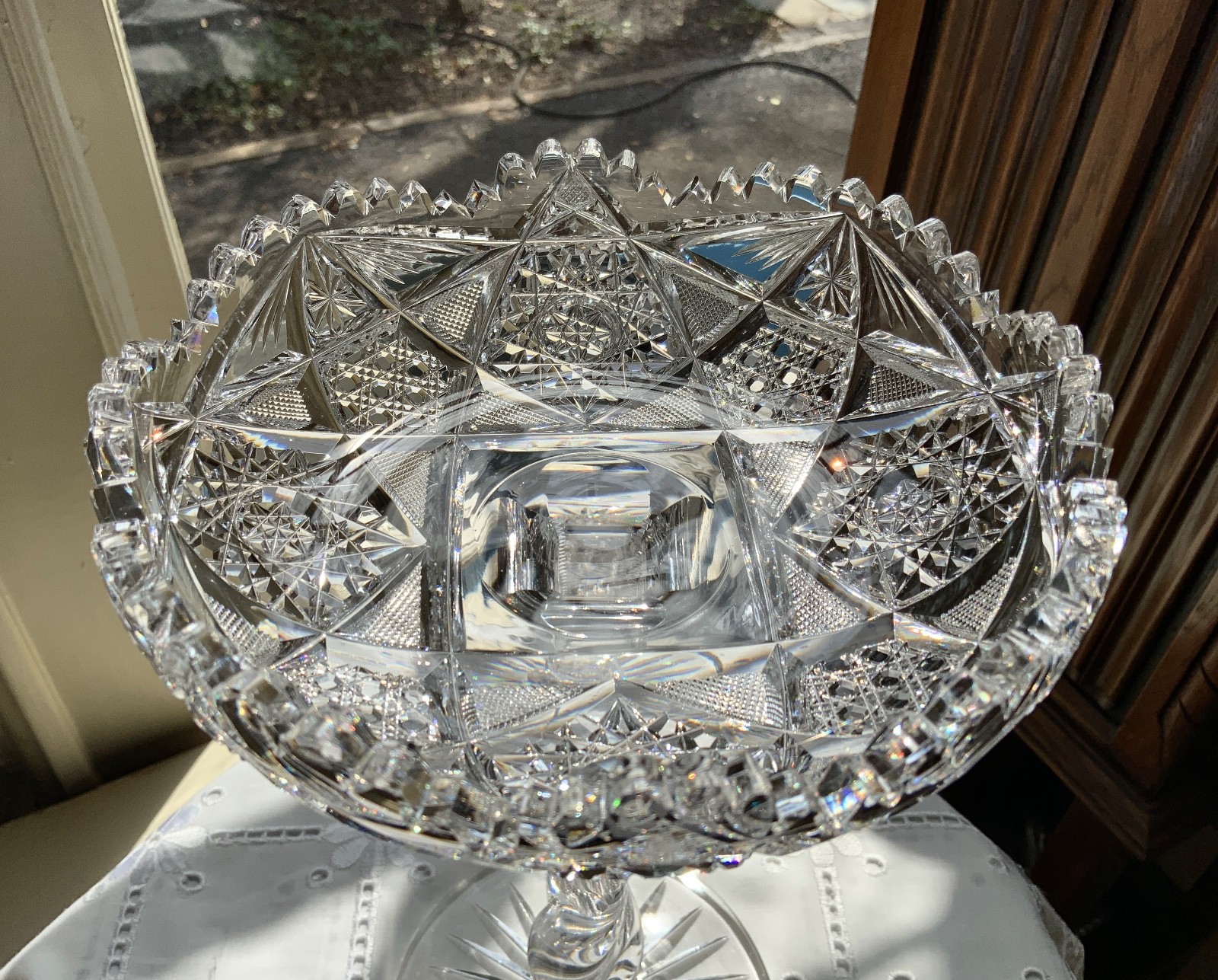 AMERICAN BRILLIANT CUT GLASS 10″ TWIST STEM COMPOTE / ATTRIB: LIBBEY C.1900-1910