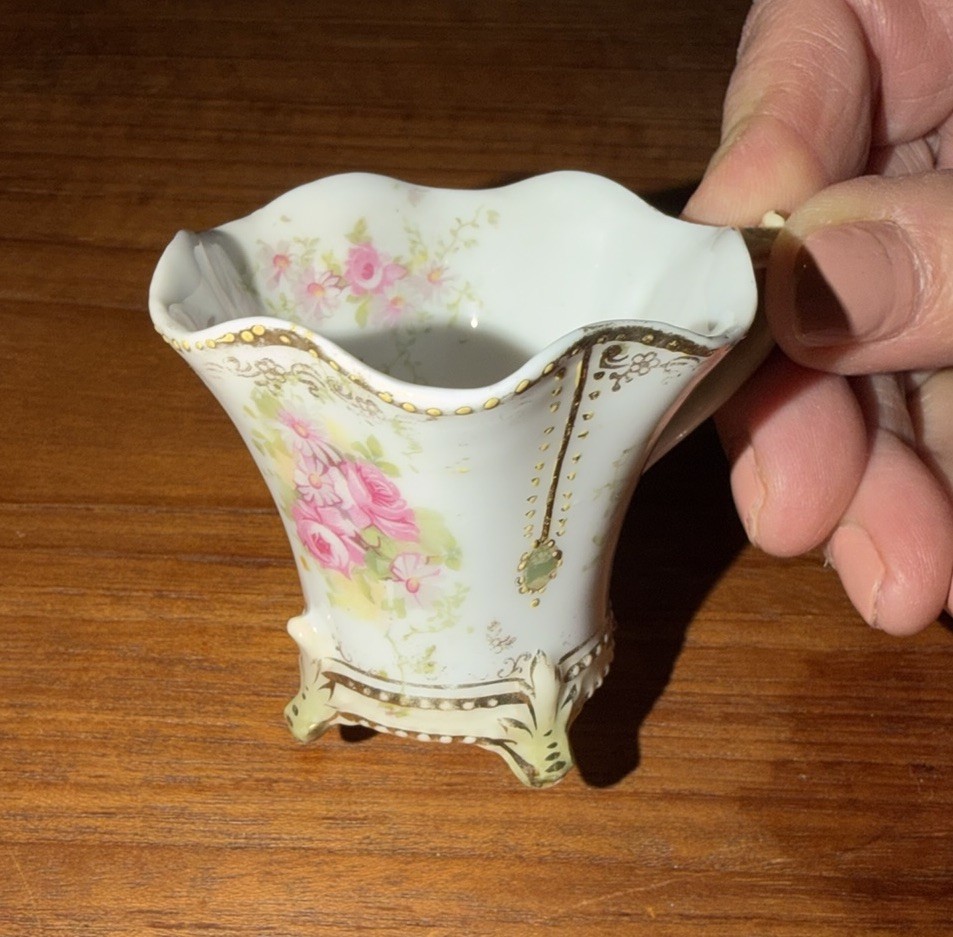 Porcelain Creamer Floral Gold Trim Footed Base Decorative White Pink Green